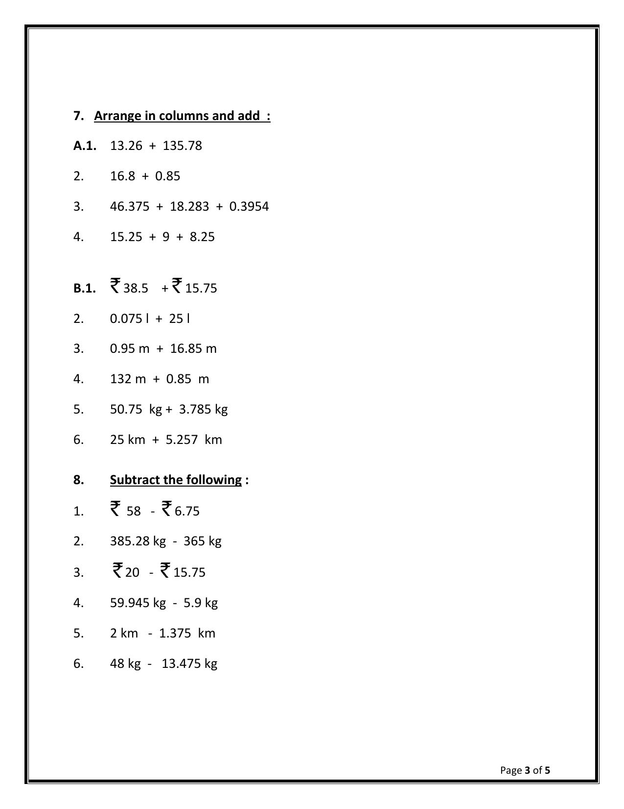 Worksheet for Class 5 Maths Decimals Fractions Assignment - Page 3