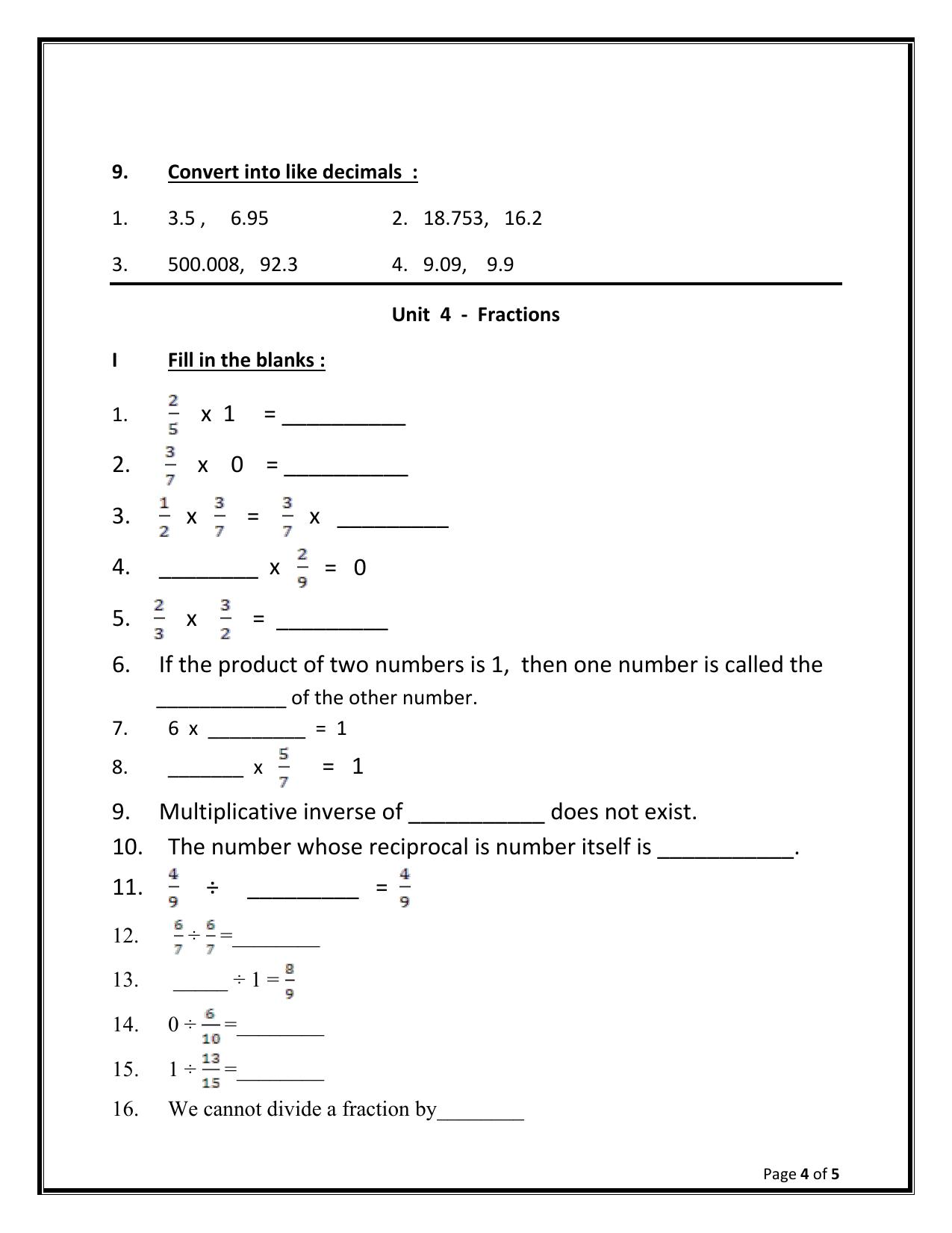 Worksheet for Class 5 Maths Decimals Fractions Assignment - Page 4