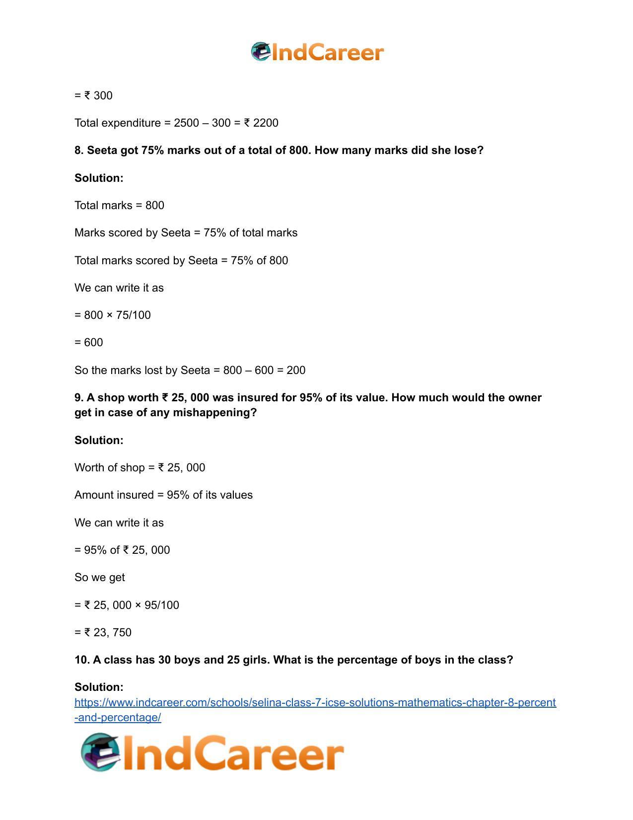 Selina Class 7 ICSE Solutions Mathematics : Chapter 8- Percent and Percentage - Page 10