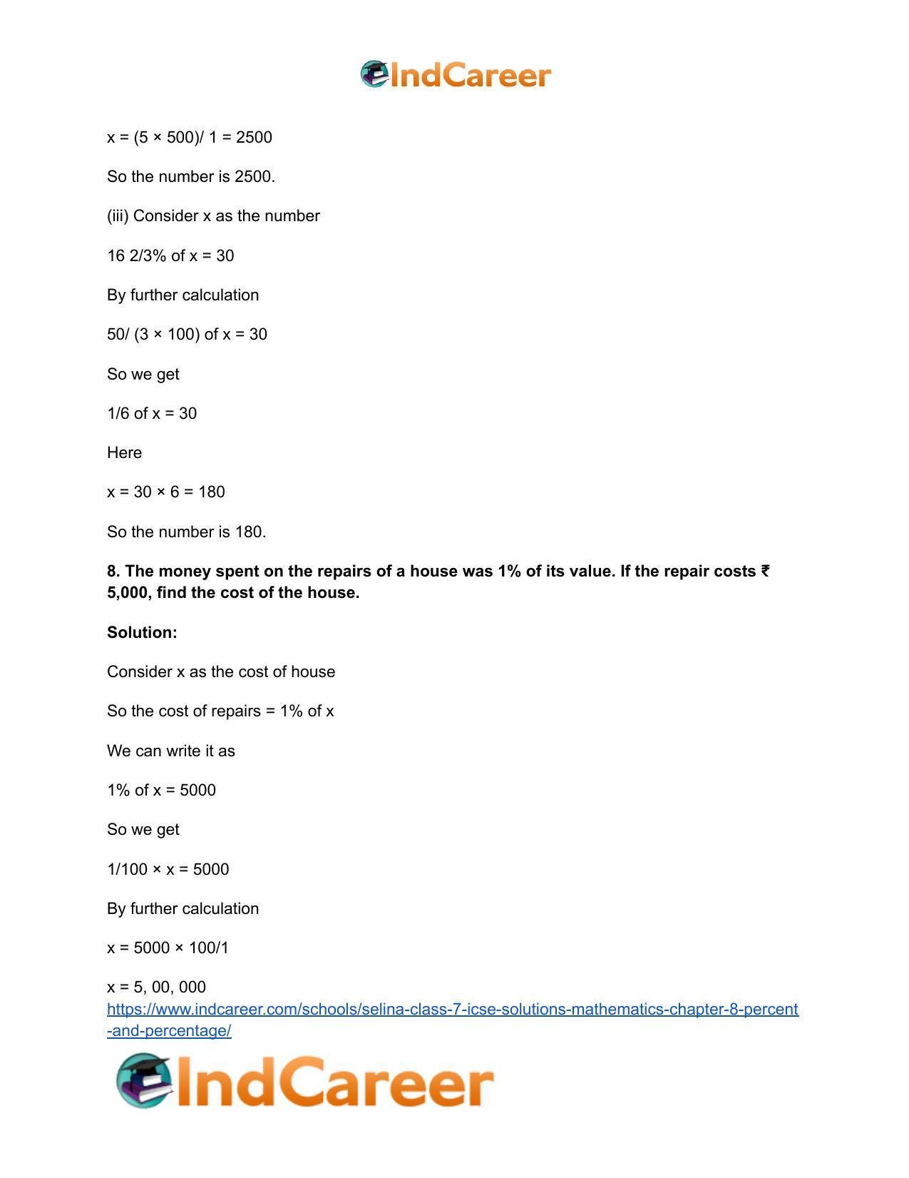 Selina Class 7 ICSE Solutions Mathematics : Chapter 8- Percent and Percentage - Page 18