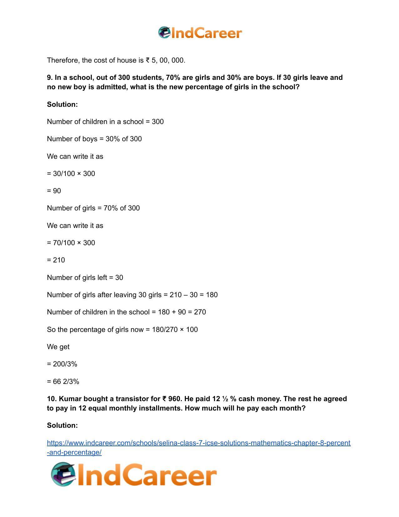 Selina Class 7 ICSE Solutions Mathematics : Chapter 8- Percent and Percentage - Page 19