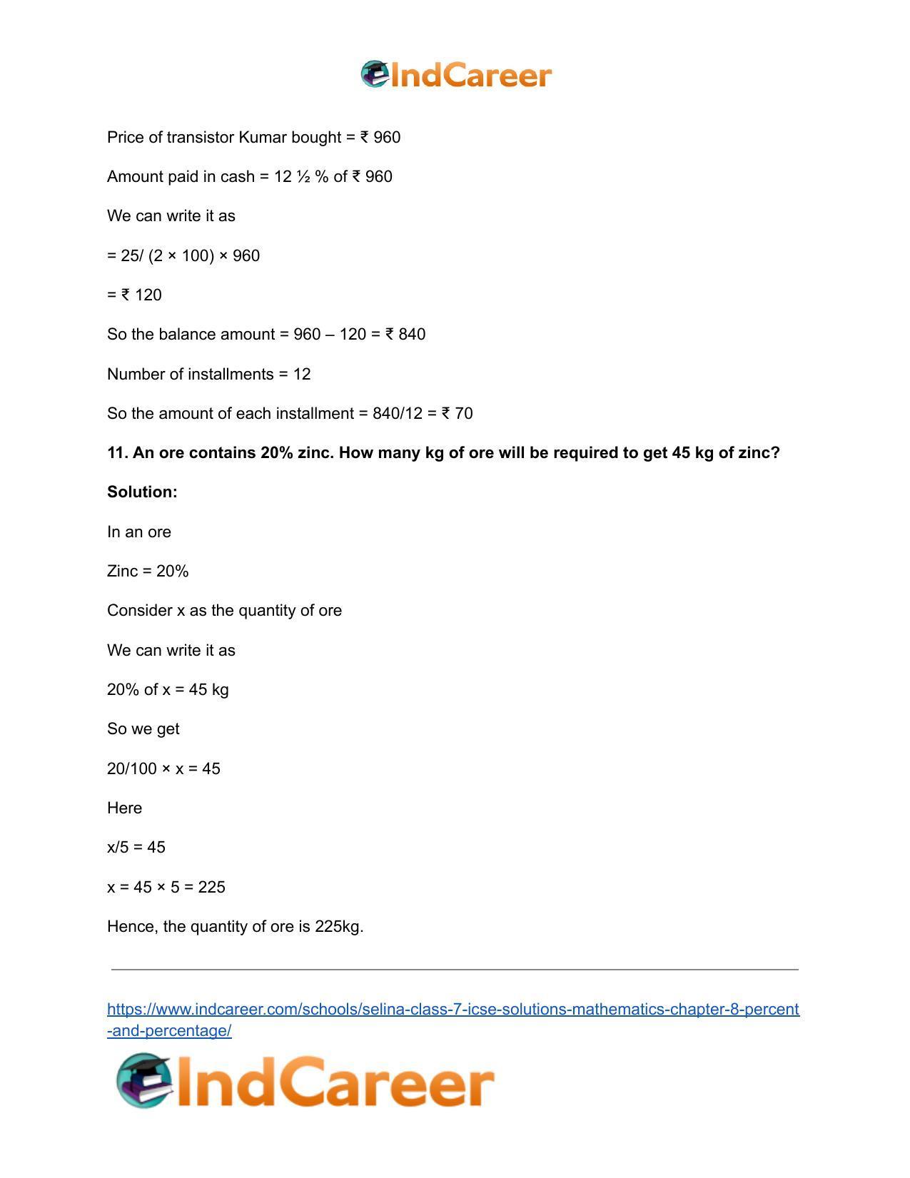 Selina Class 7 ICSE Solutions Mathematics : Chapter 8- Percent and Percentage - Page 20