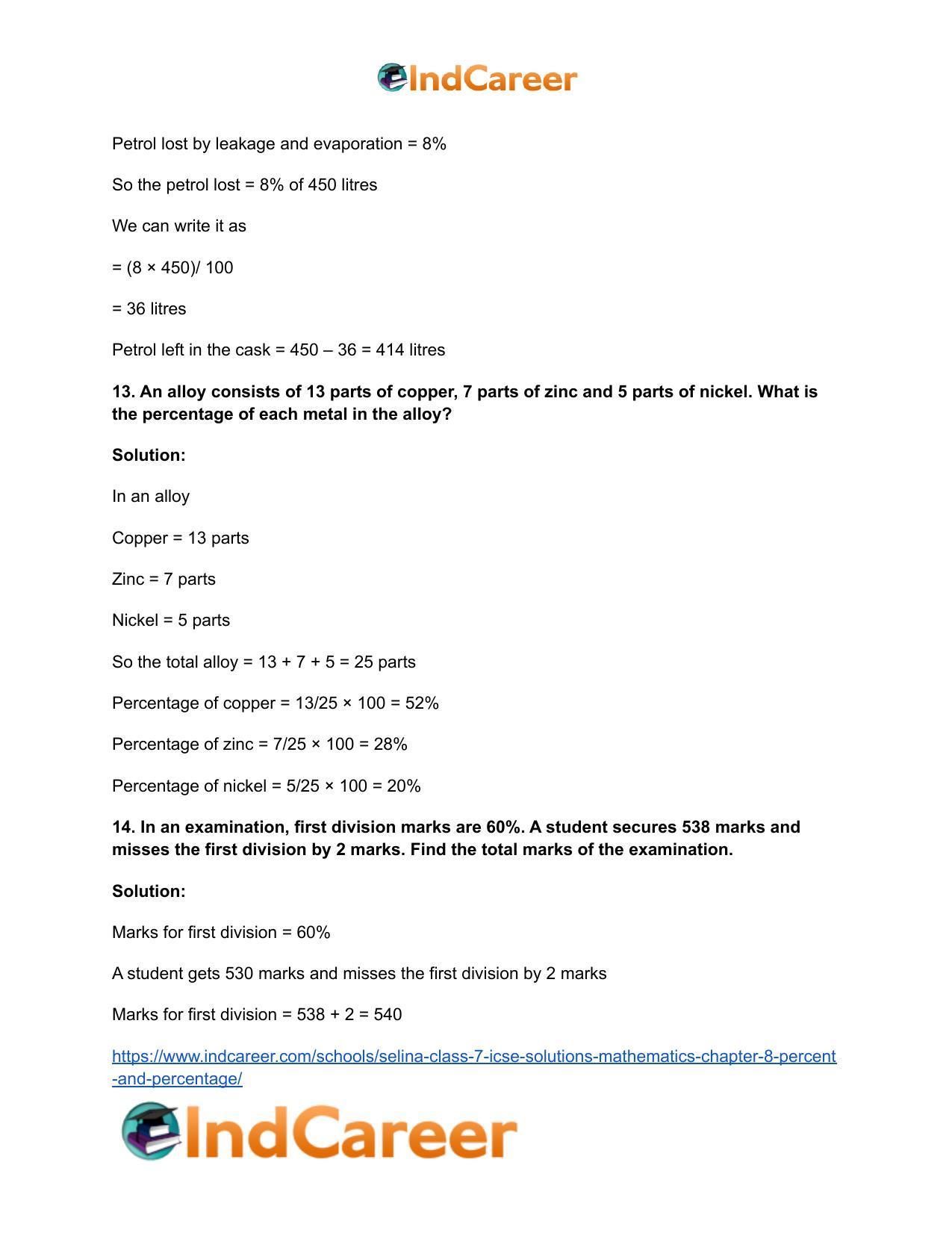 Selina Class 7 ICSE Solutions Mathematics : Chapter 8- Percent and Percentage - Page 30