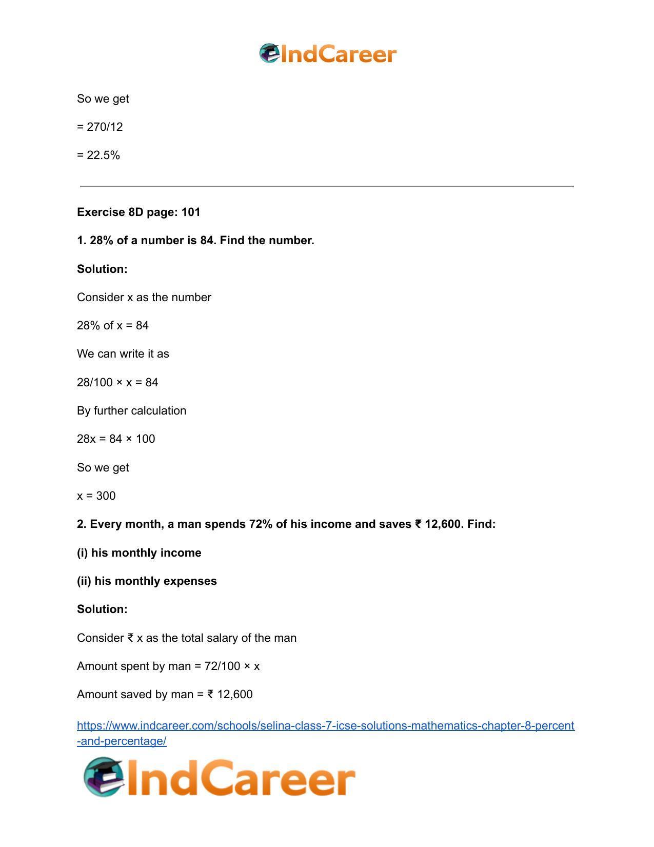 Selina Class 7 ICSE Solutions Mathematics : Chapter 8- Percent and Percentage - Page 32