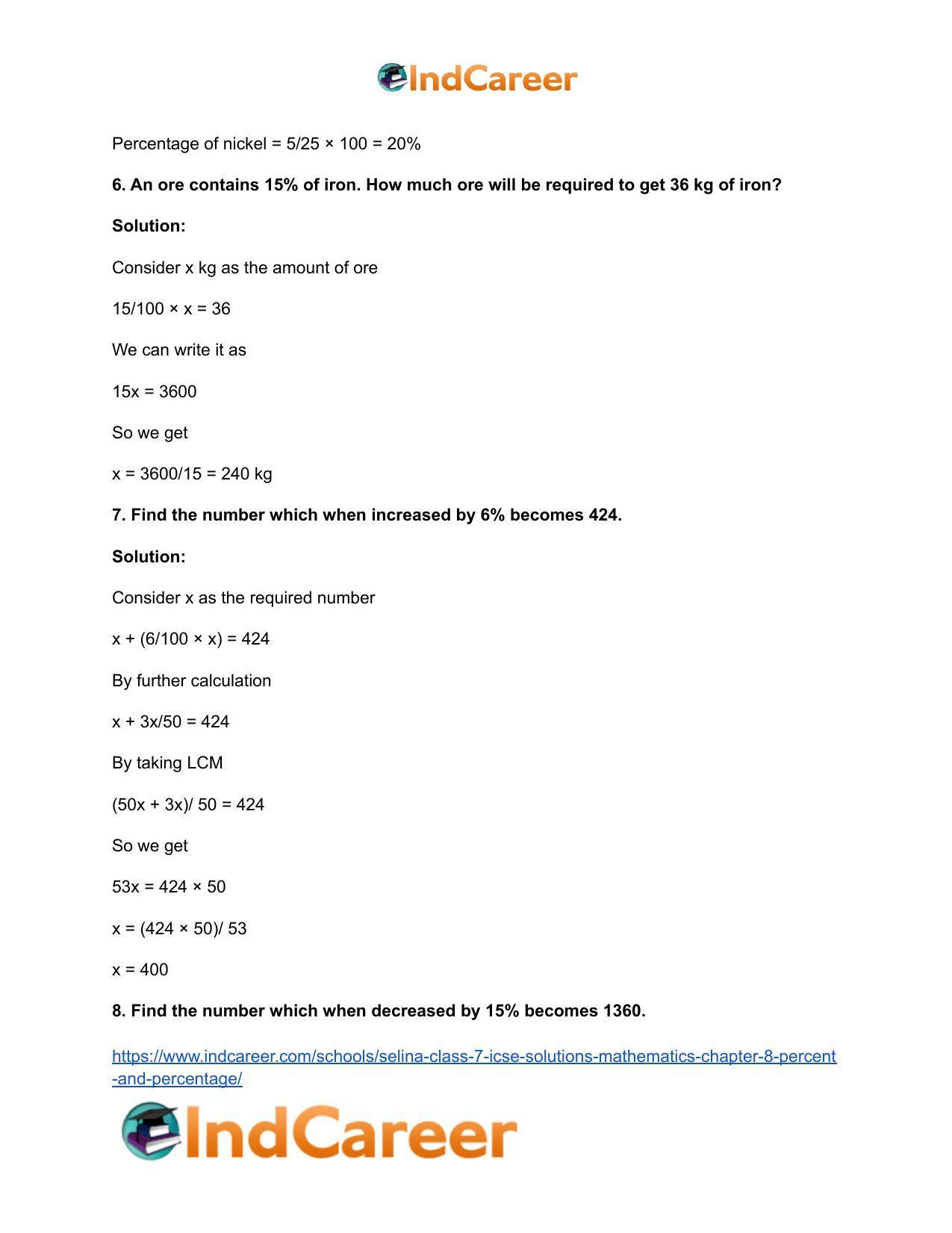 Selina Class 7 ICSE Solutions Mathematics : Chapter 8- Percent and Percentage - Page 35