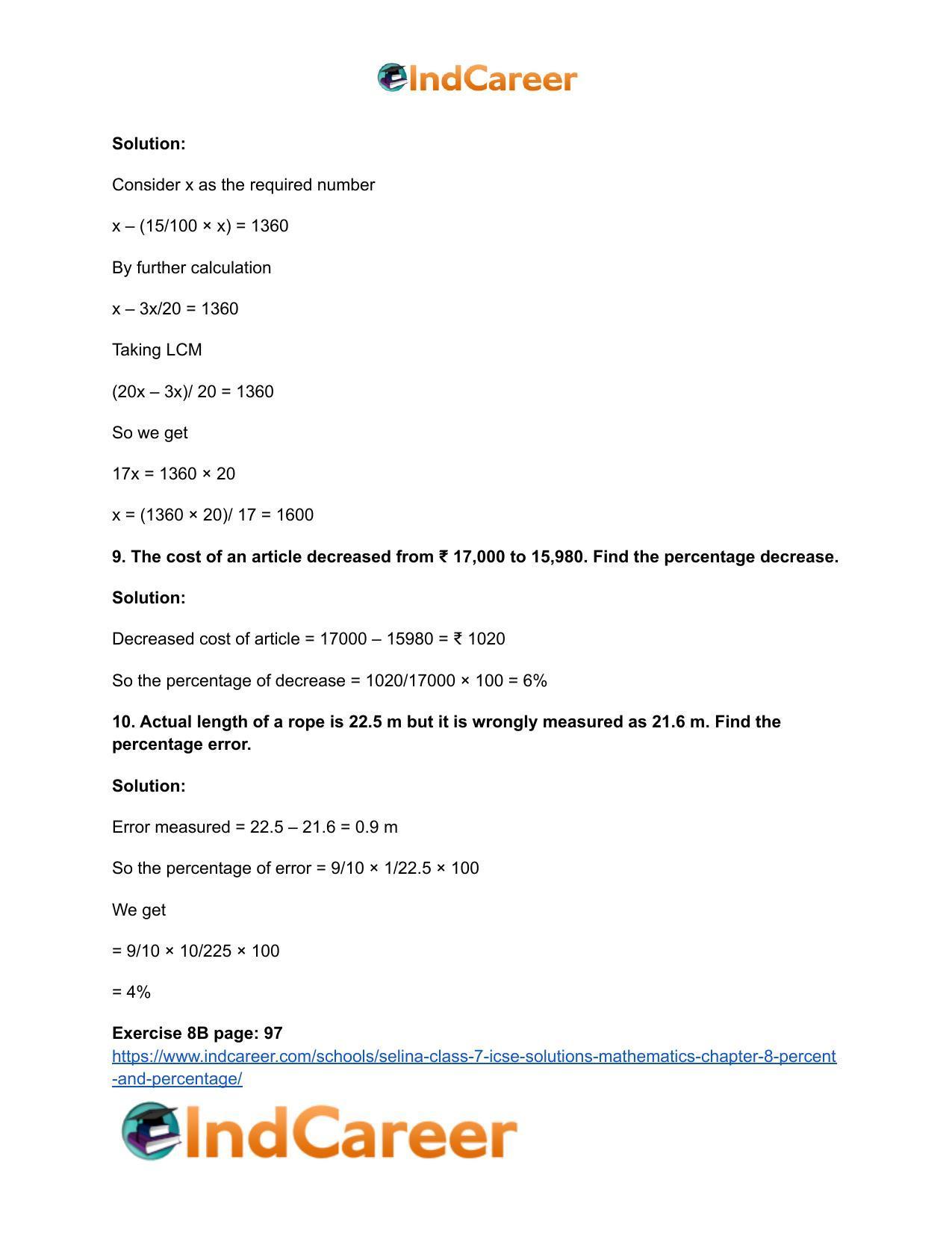 Selina Class 7 ICSE Solutions Mathematics : Chapter 8- Percent and Percentage - Page 36