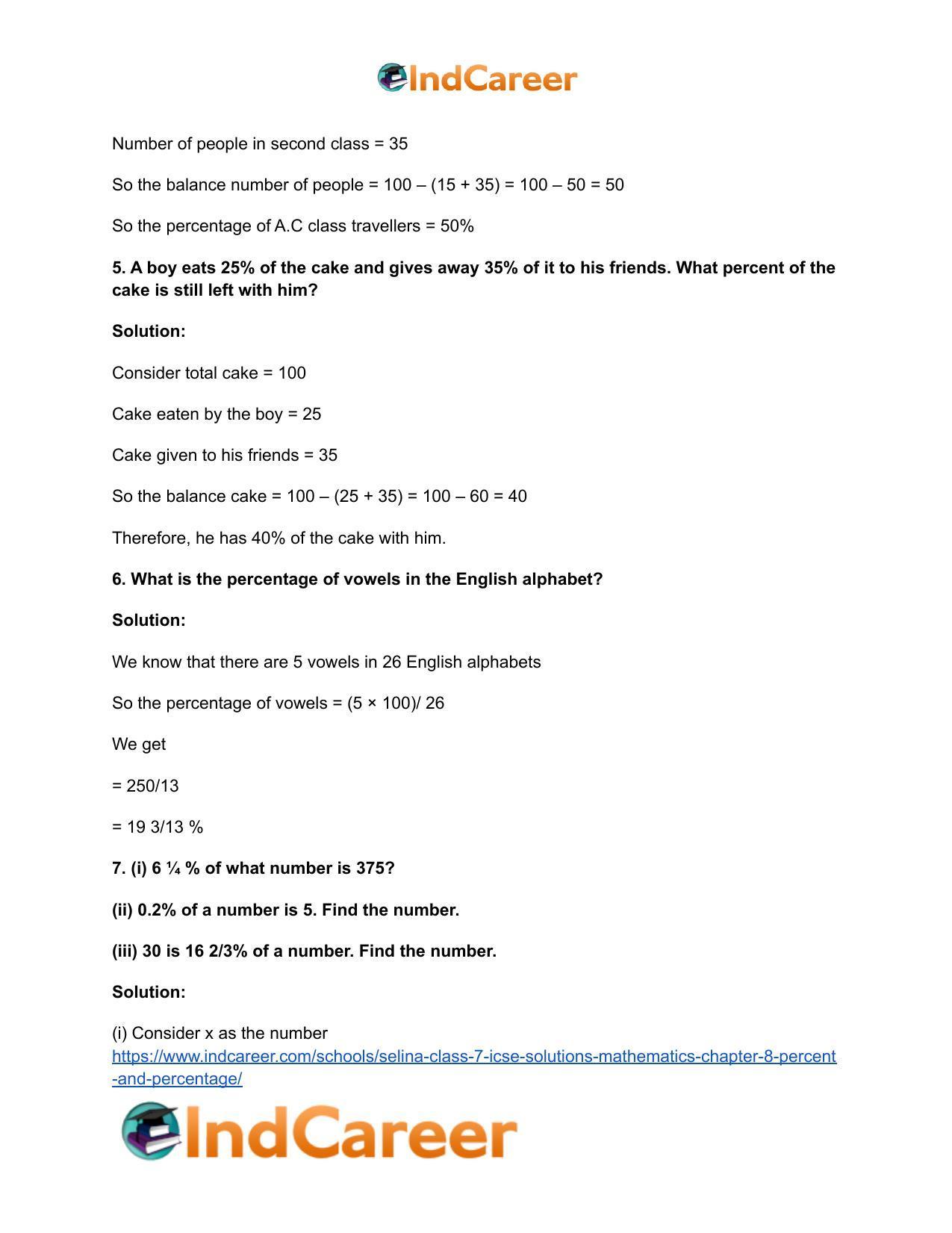 Selina Class 7 ICSE Solutions Mathematics : Chapter 8- Percent and Percentage - Page 39