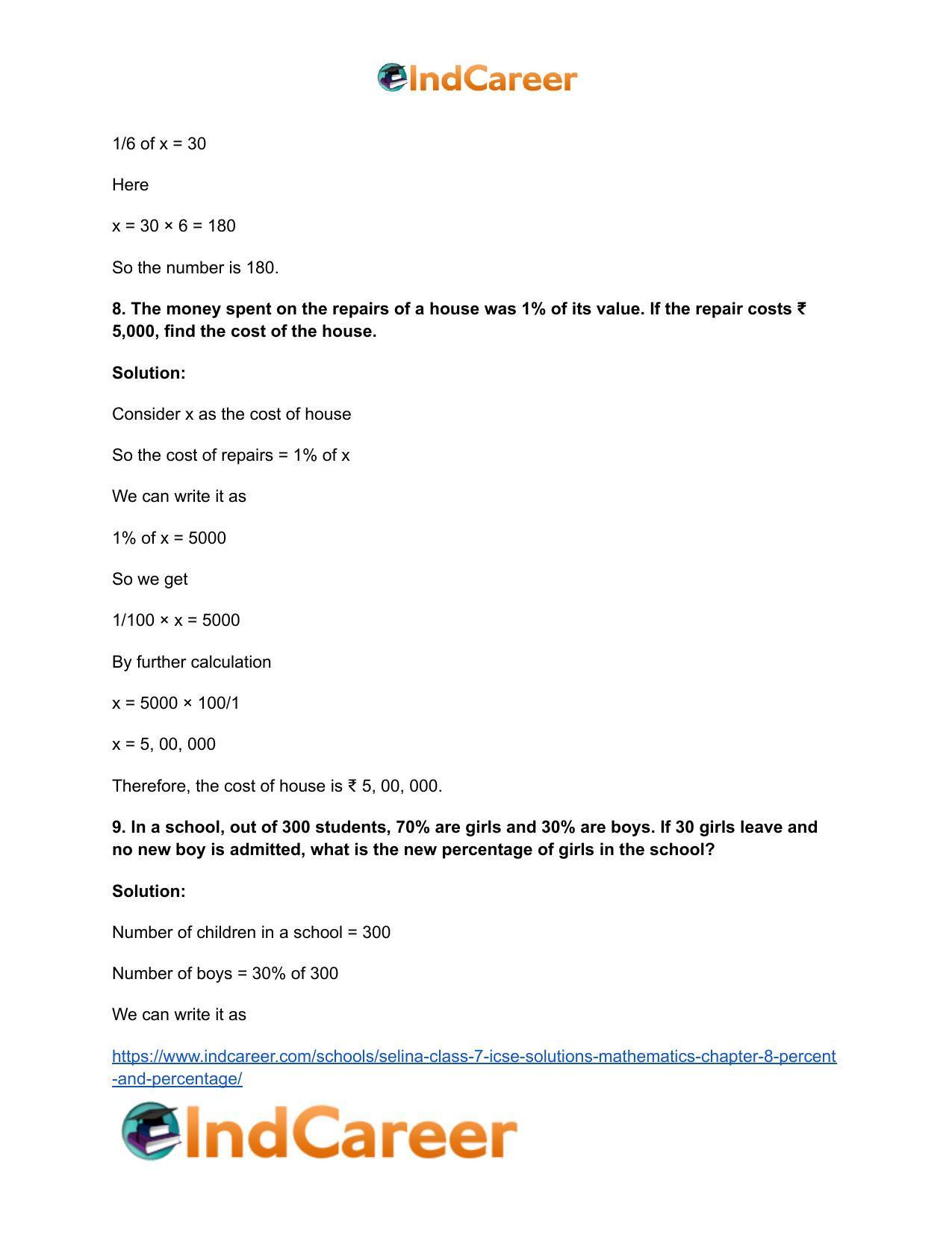 Selina Class 7 ICSE Solutions Mathematics : Chapter 8- Percent and Percentage - Page 41