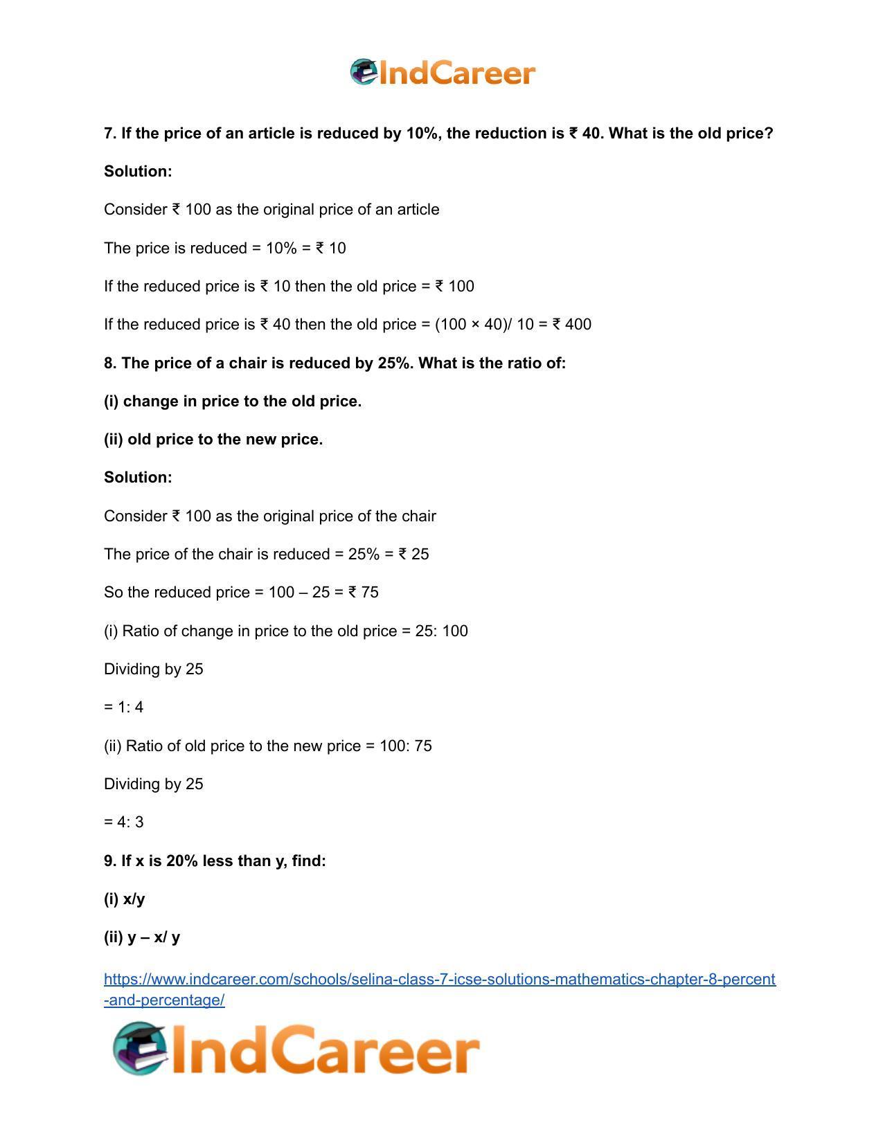 Selina Class 7 ICSE Solutions Mathematics : Chapter 8- Percent and Percentage - Page 49