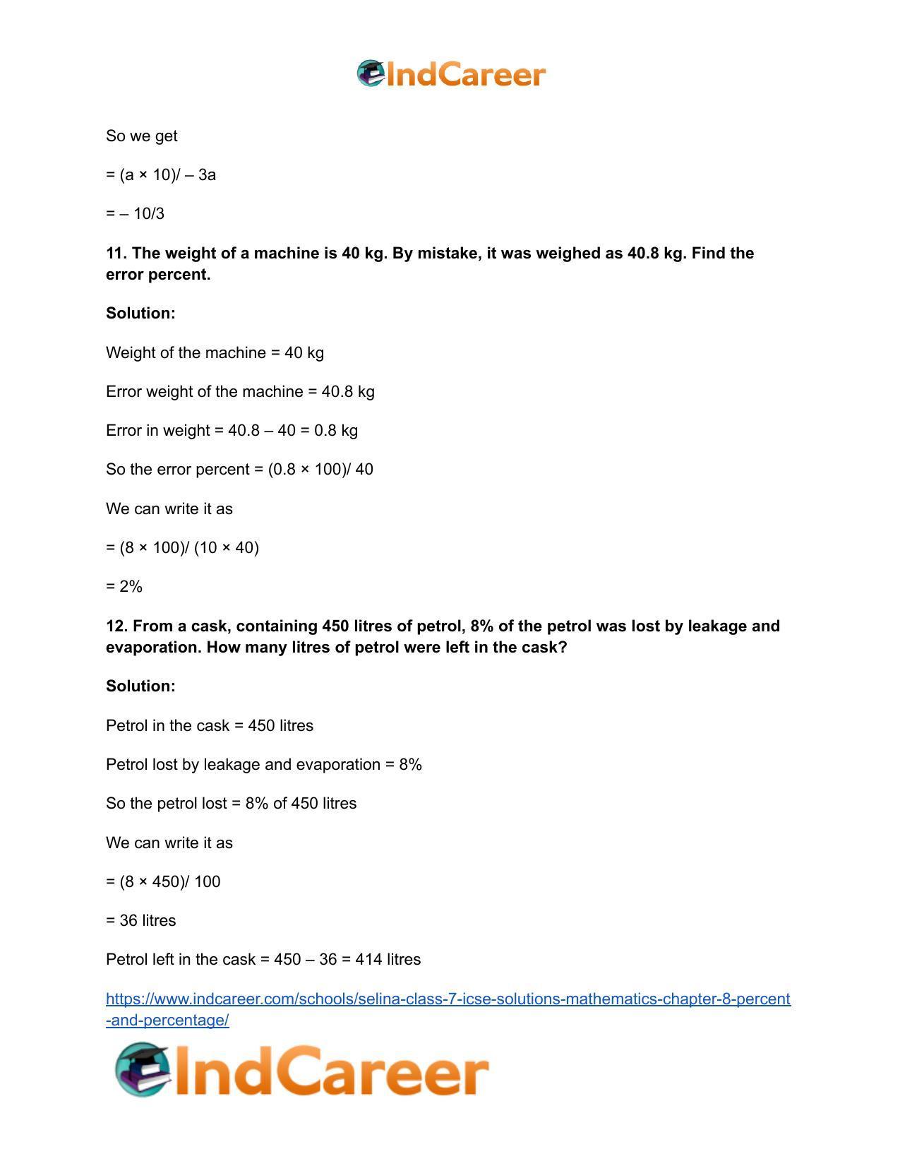 Selina Class 7 ICSE Solutions Mathematics : Chapter 8- Percent and Percentage - Page 52