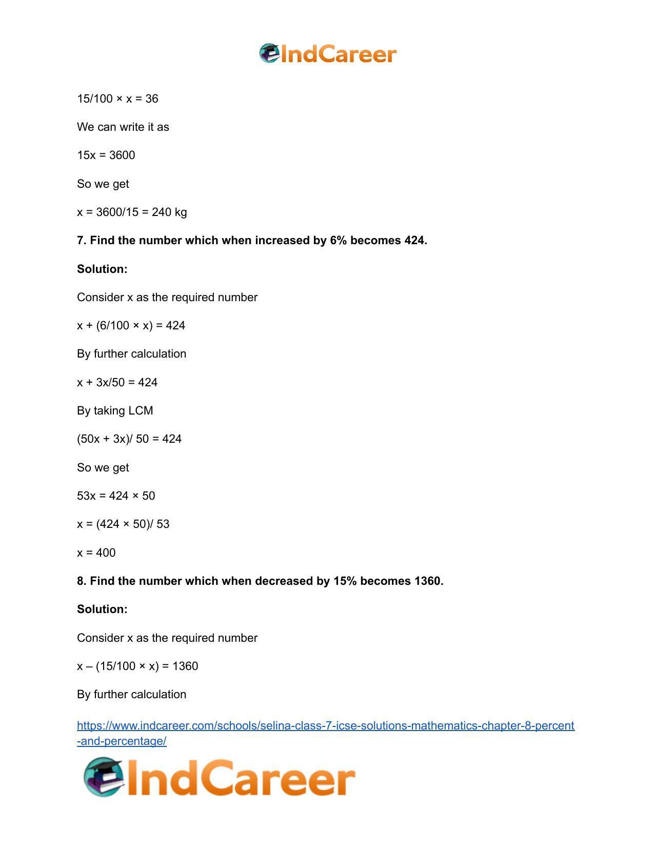 Selina Class 7 ICSE Solutions Mathematics : Chapter 8- Percent and Percentage - Page 58