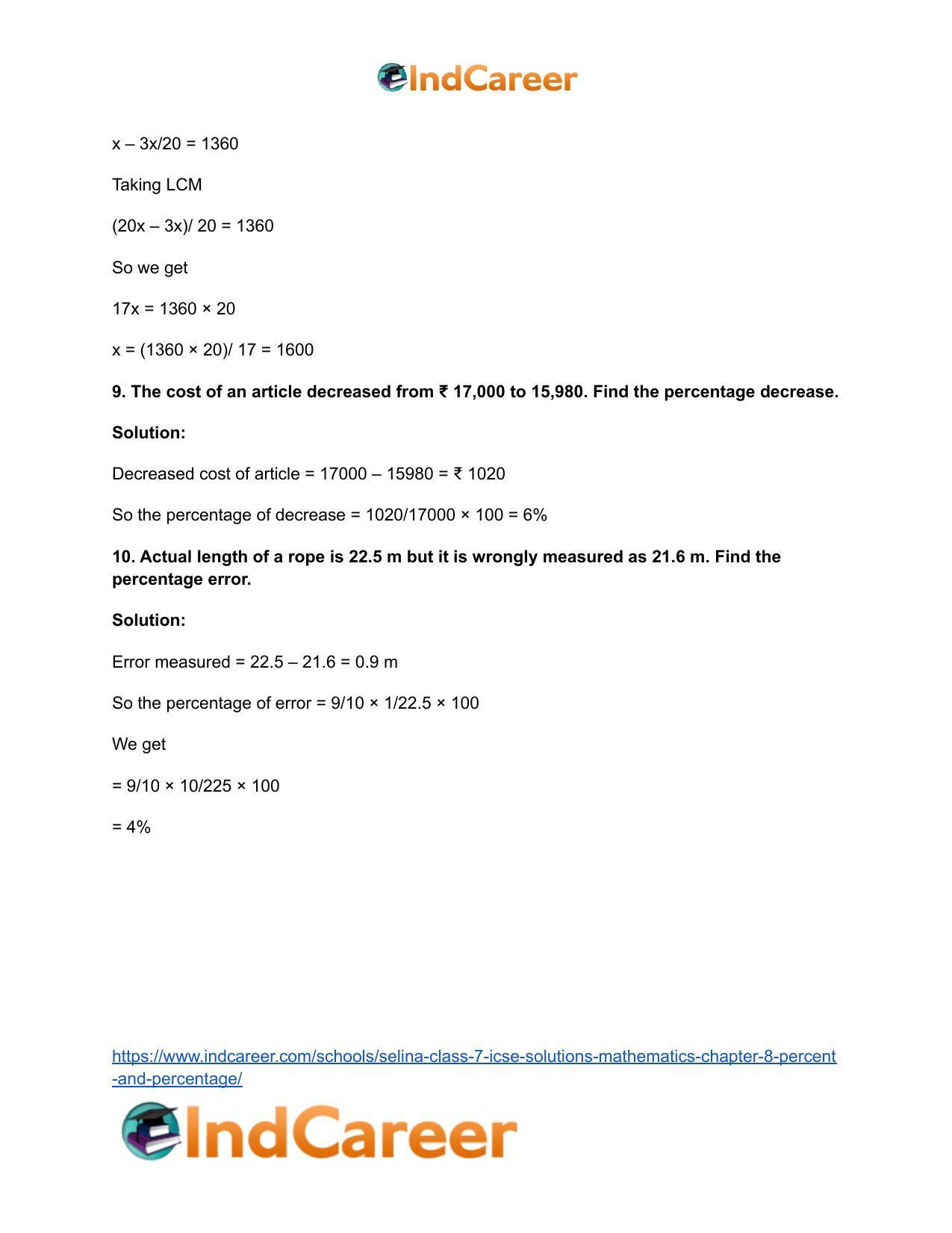 Selina Class 7 ICSE Solutions Mathematics : Chapter 8- Percent and Percentage - Page 59