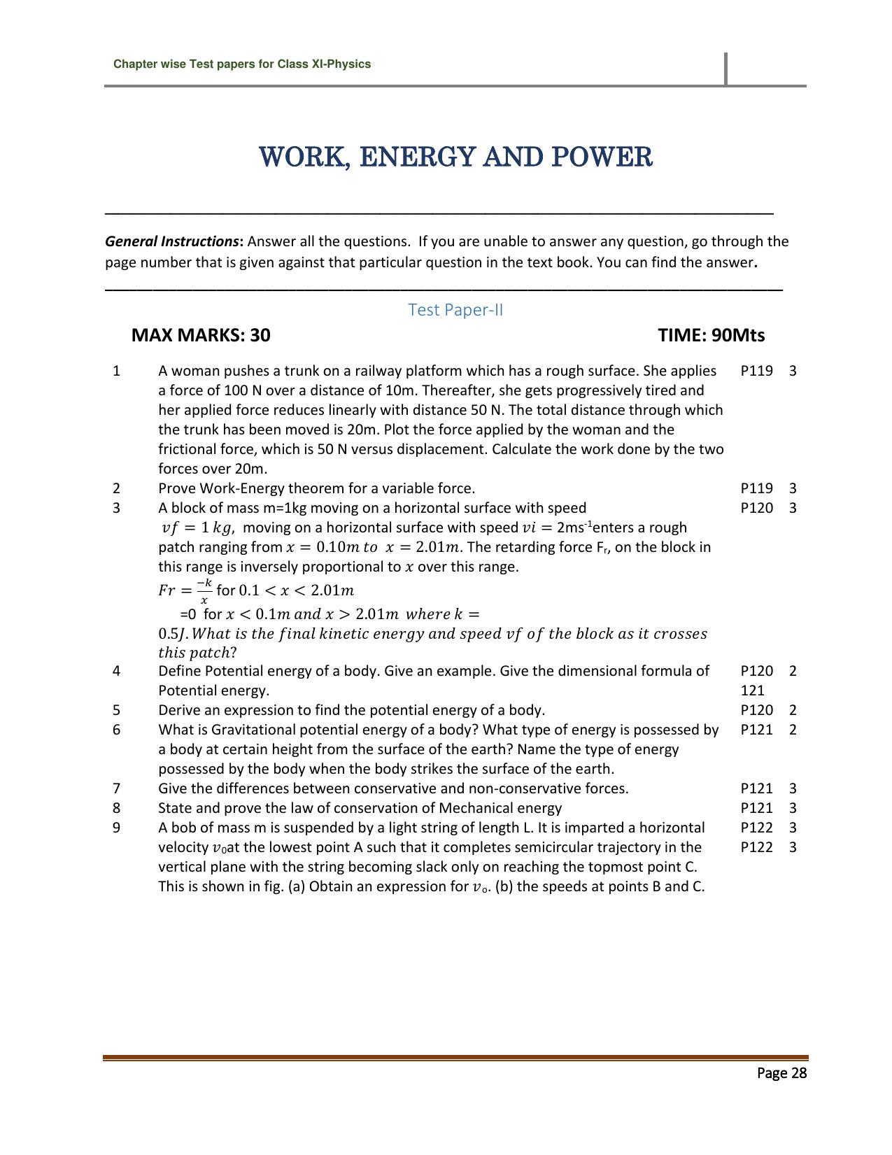 CBSE Worksheets for Class 11 Physics Work Energy and Power Assignment 2 - Page 1