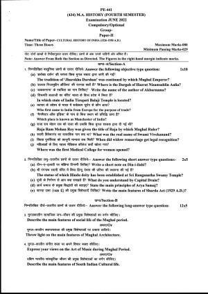 Bilaspur University Question Paper June 2022:M.A History  (Fourth Semester) Cultural History Of India (1526-1950 A.D.) Paper 1