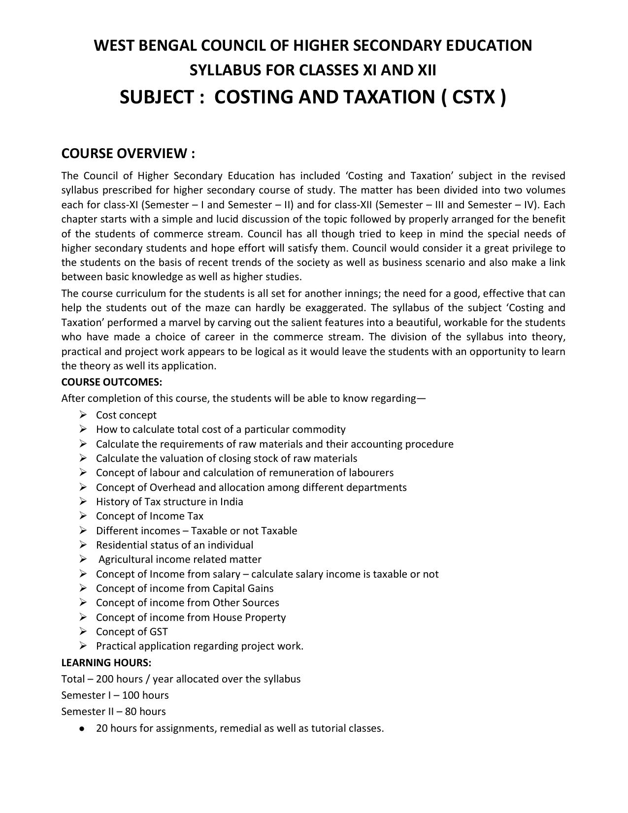 WBCHSE Class 11 & 12 Syllabus for Costing and Taxation (CSTX) (SET II) - Page 1