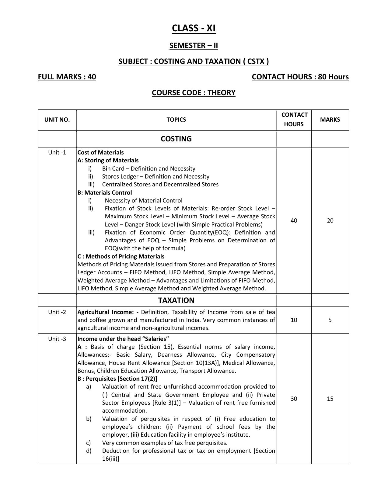 WBCHSE Class 11 & 12 Syllabus for Costing and Taxation (CSTX) (SET II) - Page 3