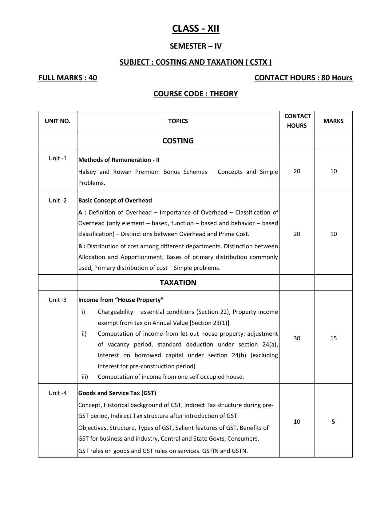 WBCHSE Class 11 & 12 Syllabus for Costing and Taxation (CSTX) (SET II) - Page 6