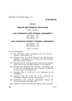 Meghalaya Board (MBOSE) Class 10 HEALTH AND PHYSICAL EDUCATION ( New Course ) 2020 Question Paper