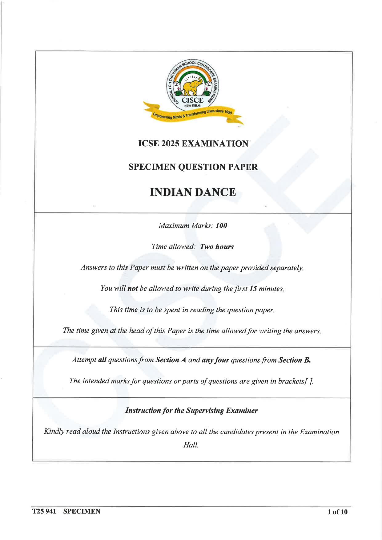 ICSE Class 10 2025 Indian Dance (QP & MS) Specimen Paper - Page 1