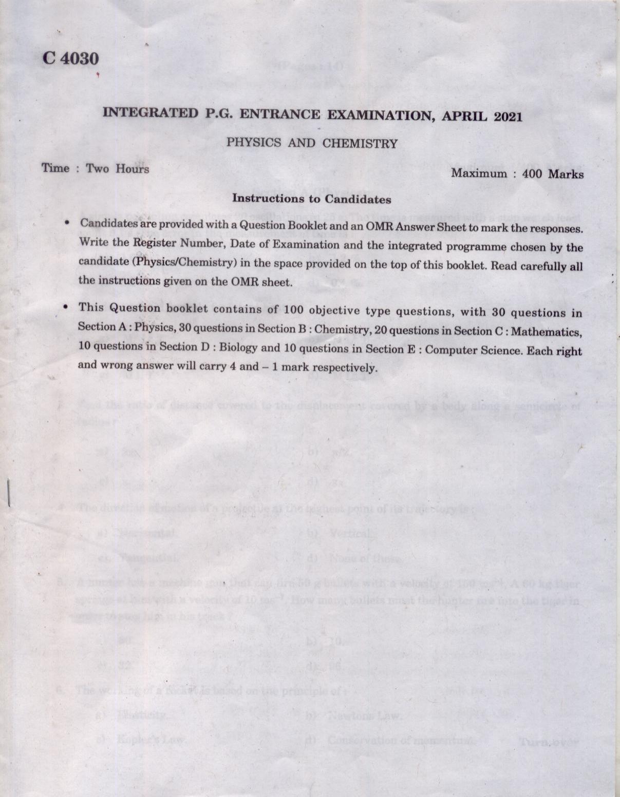 CUCAT 2021 Integrated M.Sc.Physics/Chemistry Question Paper - Page 1
