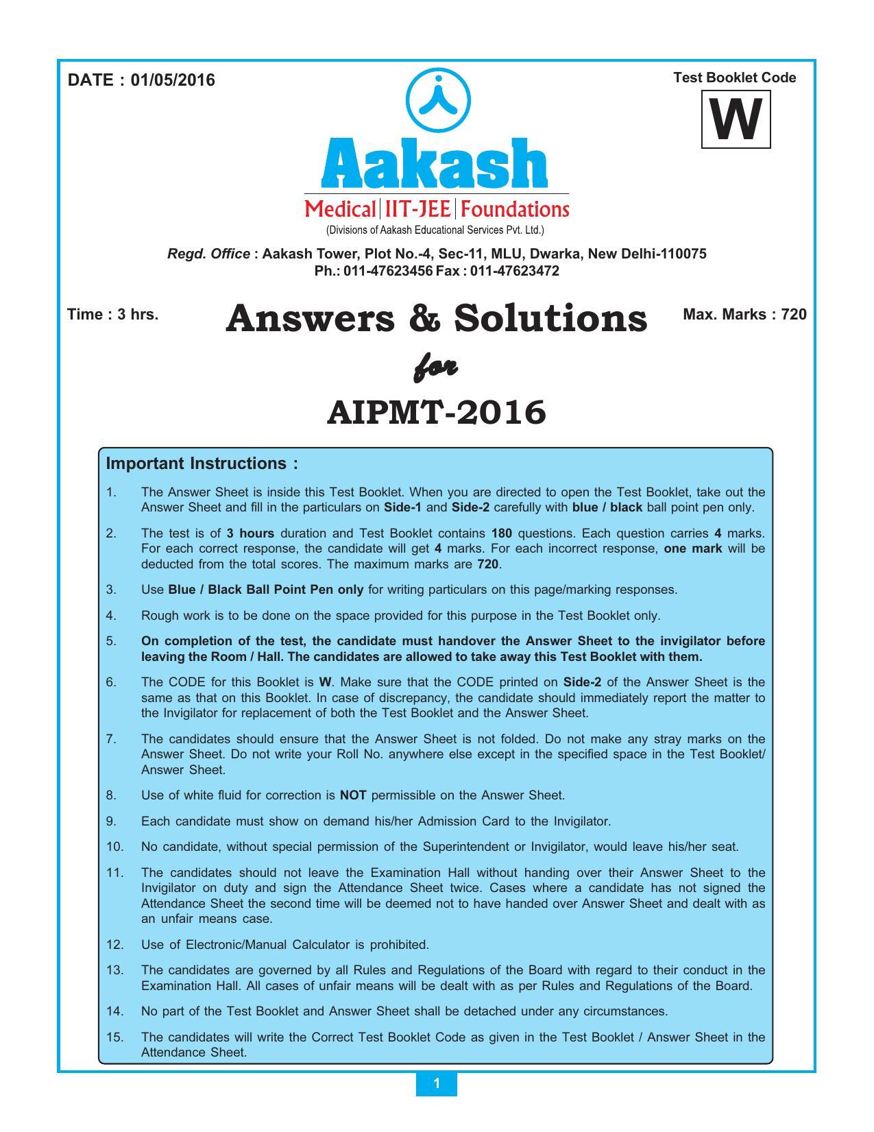  NEET Code A/ P/ W 2016 Answer & Solutions - Page 1