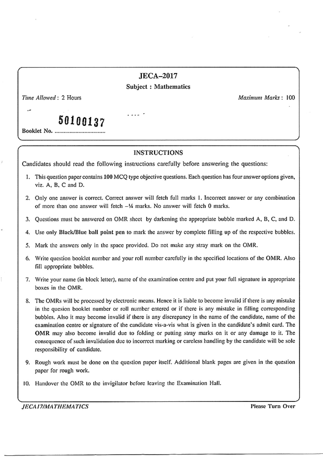 WB JECA 2017 Mathematics Question Paper - Page 1