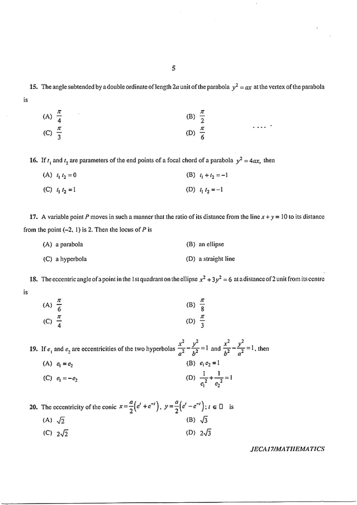WB JECA 2017 Mathematics Question Paper - Page 5