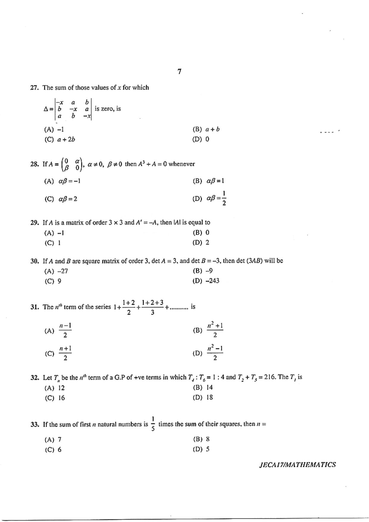 WB JECA 2017 Mathematics Question Paper - Page 7