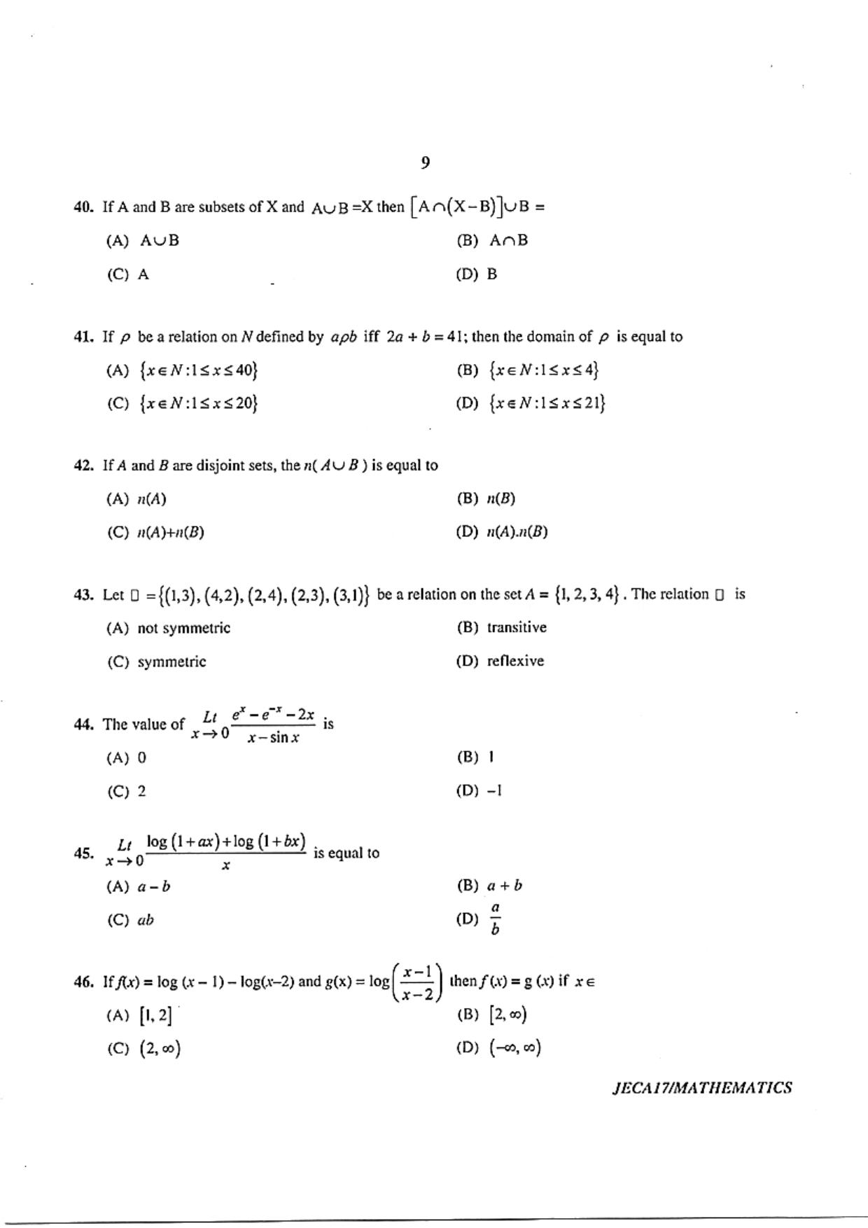 WB JECA 2017 Mathematics Question Paper - Page 9