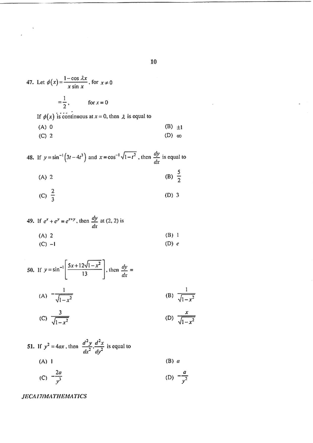 WB JECA 2017 Mathematics Question Paper - Page 10