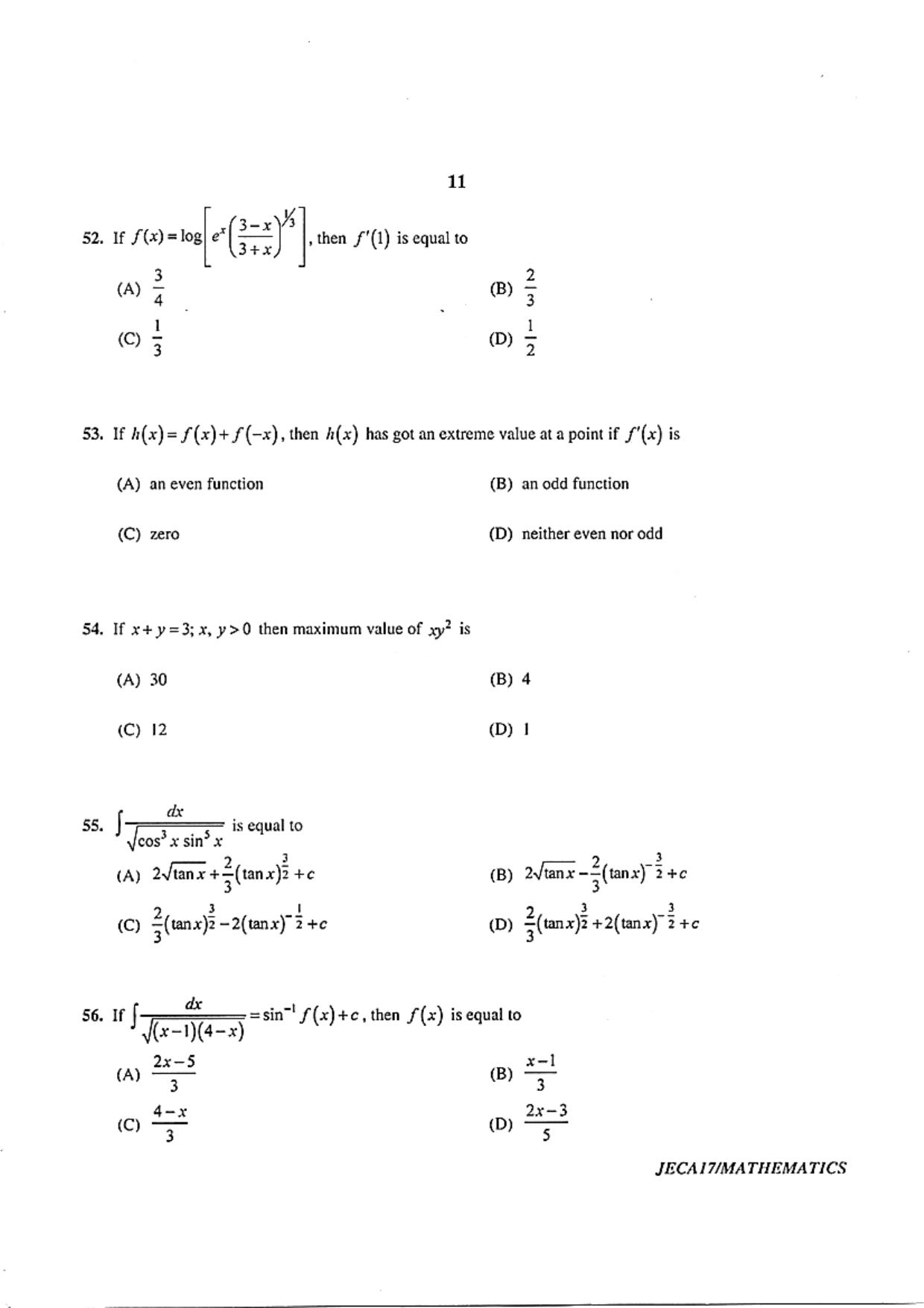 WB JECA 2017 Mathematics Question Paper - Page 11