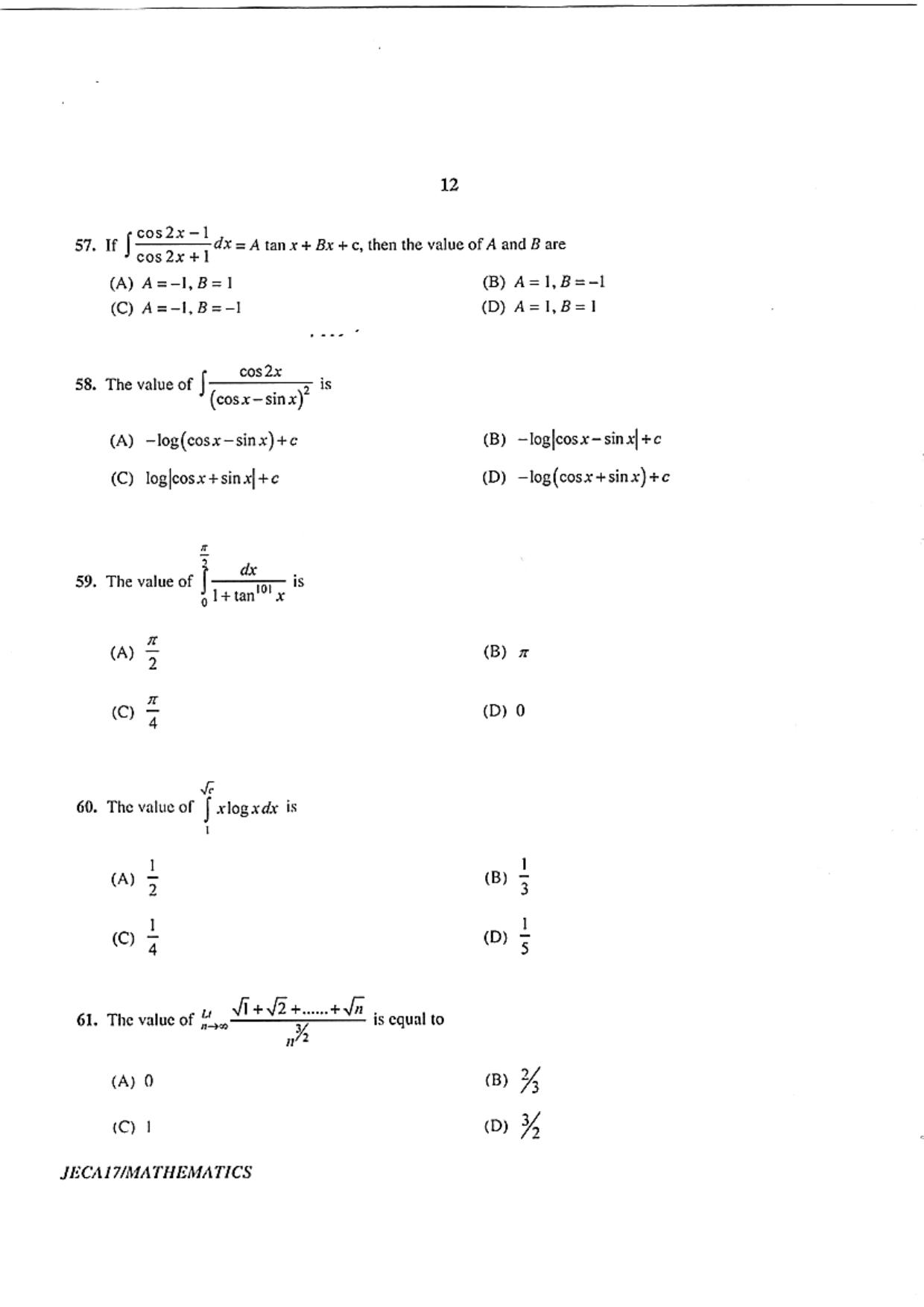 WB JECA 2017 Mathematics Question Paper - Page 12