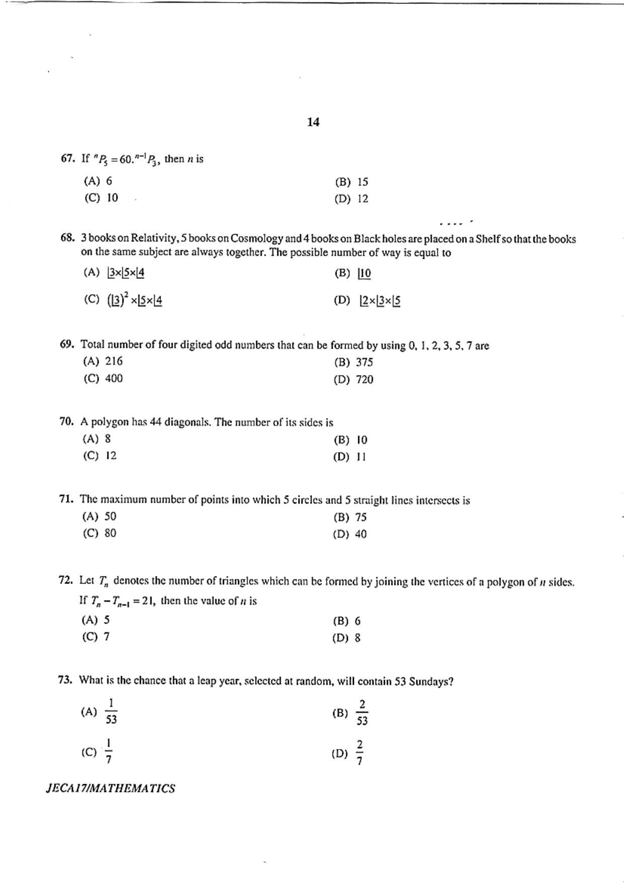 WB JECA 2017 Mathematics Question Paper - Page 14