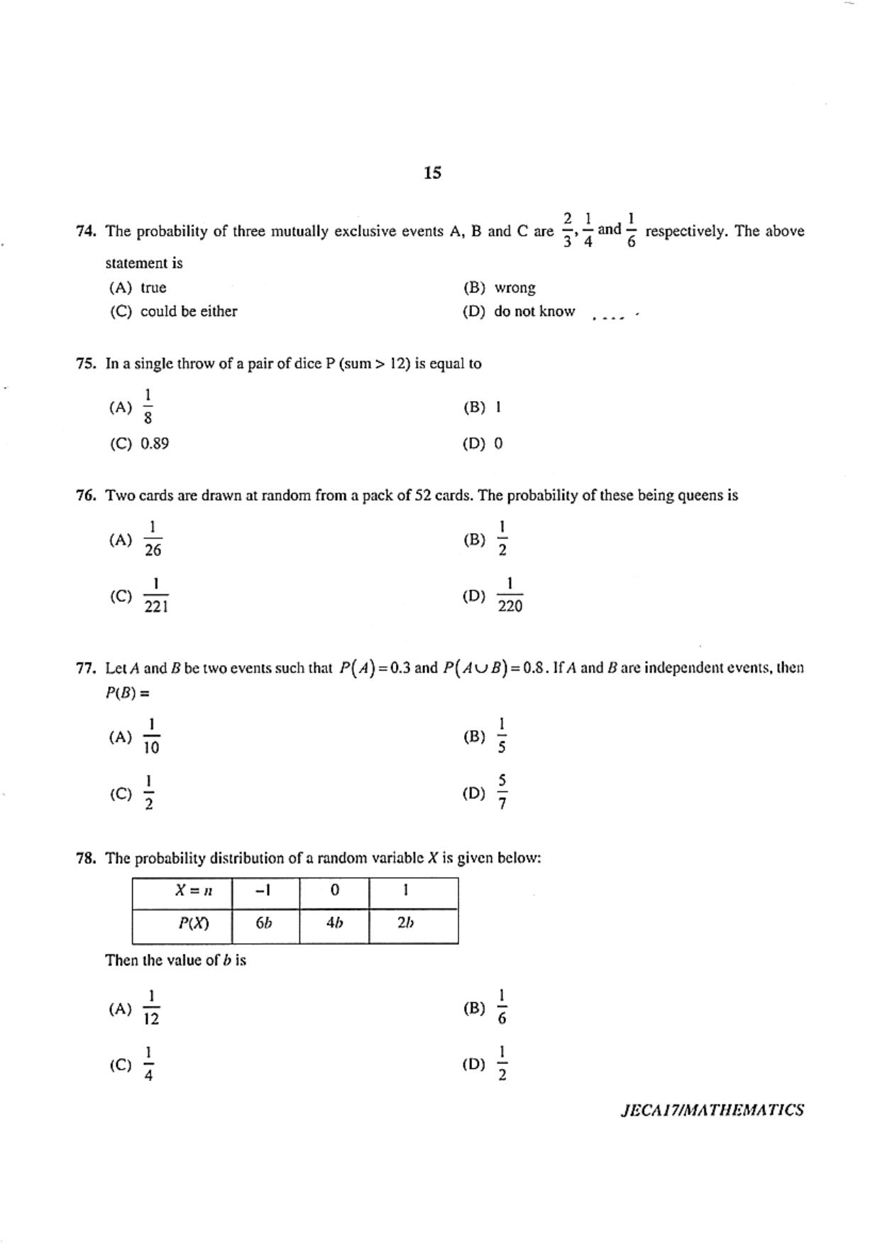 WB JECA 2017 Mathematics Question Paper - Page 15