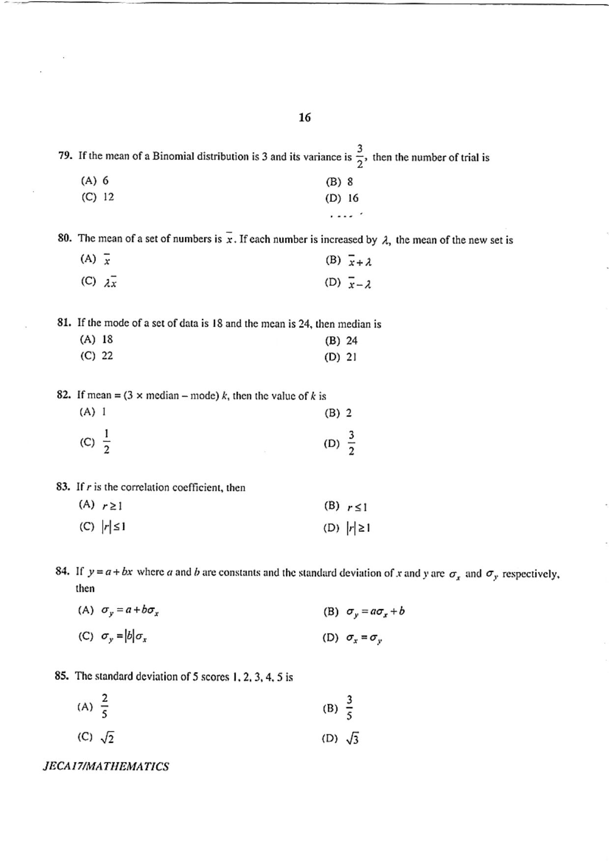 WB JECA 2017 Mathematics Question Paper - Page 16