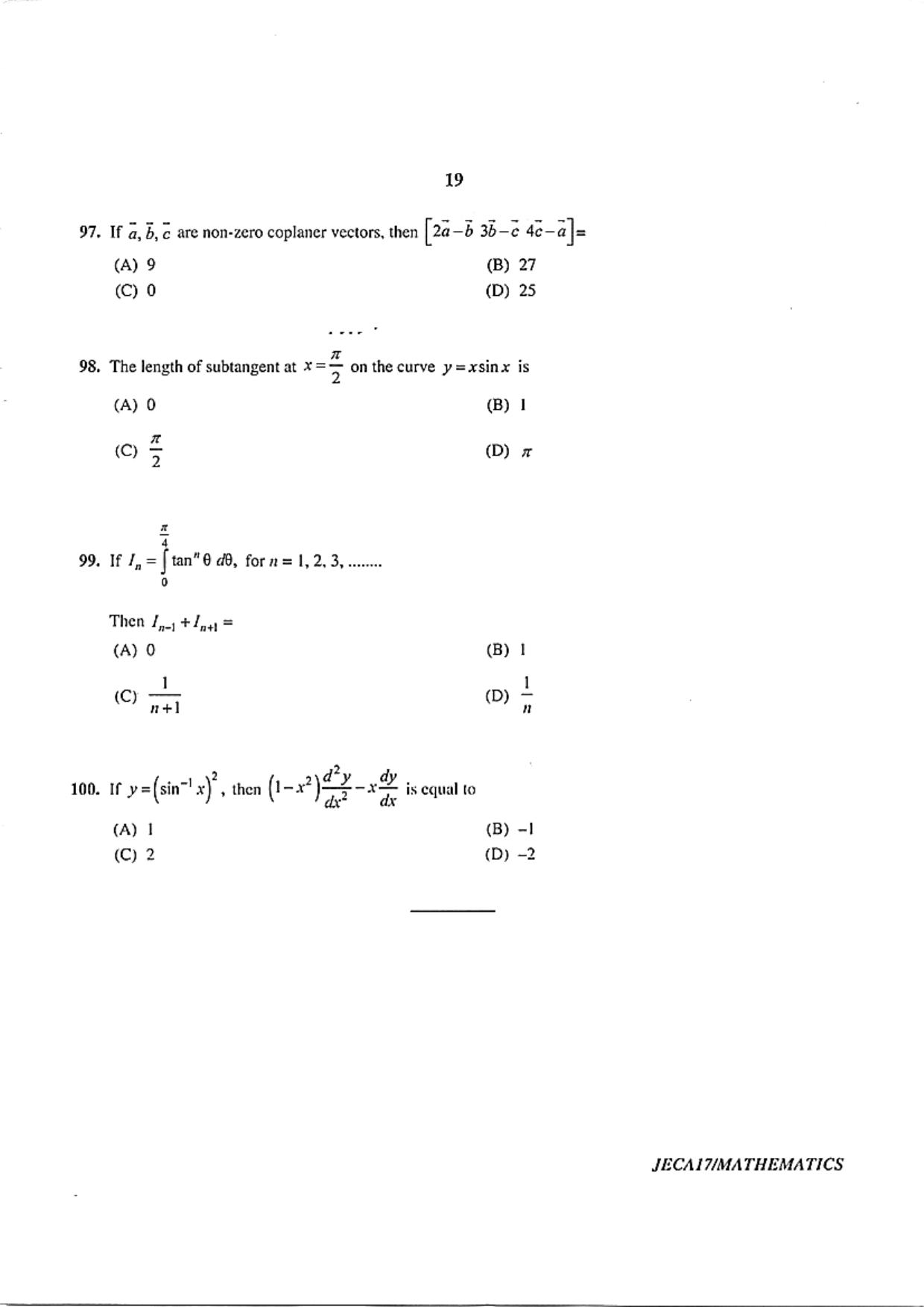 WB JECA 2017 Mathematics Question Paper - Page 19
