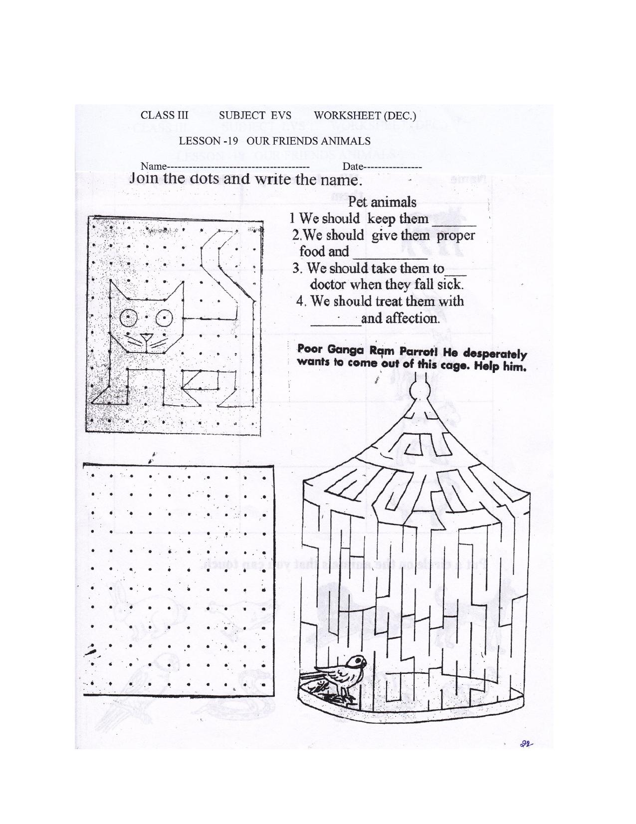 Worksheet for Class 3 EVS Assignment 33 Our Friends Animals - Page 1