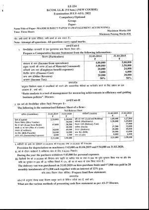 Bilaspur University Question Paper July 2022:B.COM. LL.B. Sixth Semester(New Course)Major Subject Paper VI (Management Accounting) Paper 1 