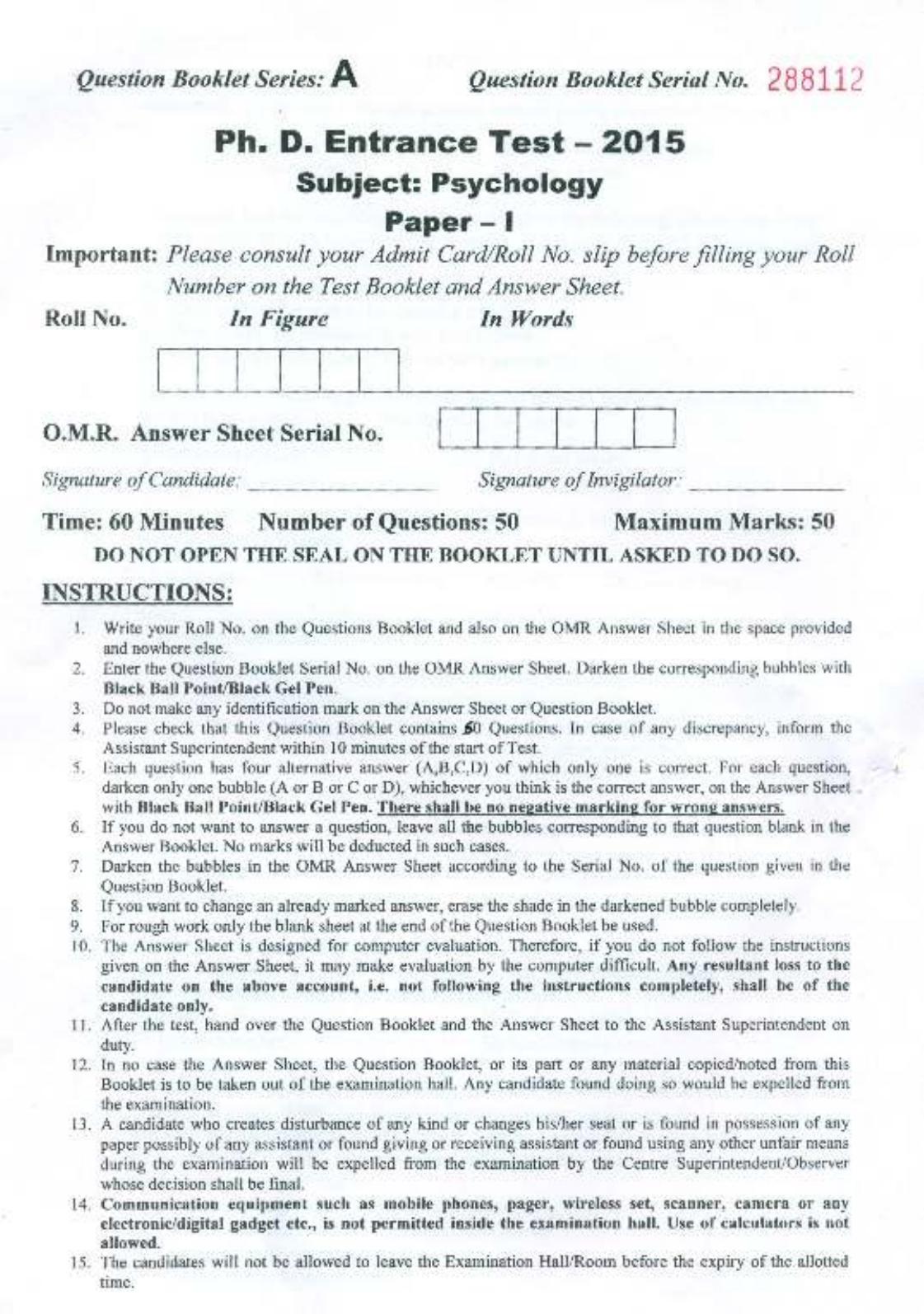PU MPET Psychology 2015 Question Paper - Page 1