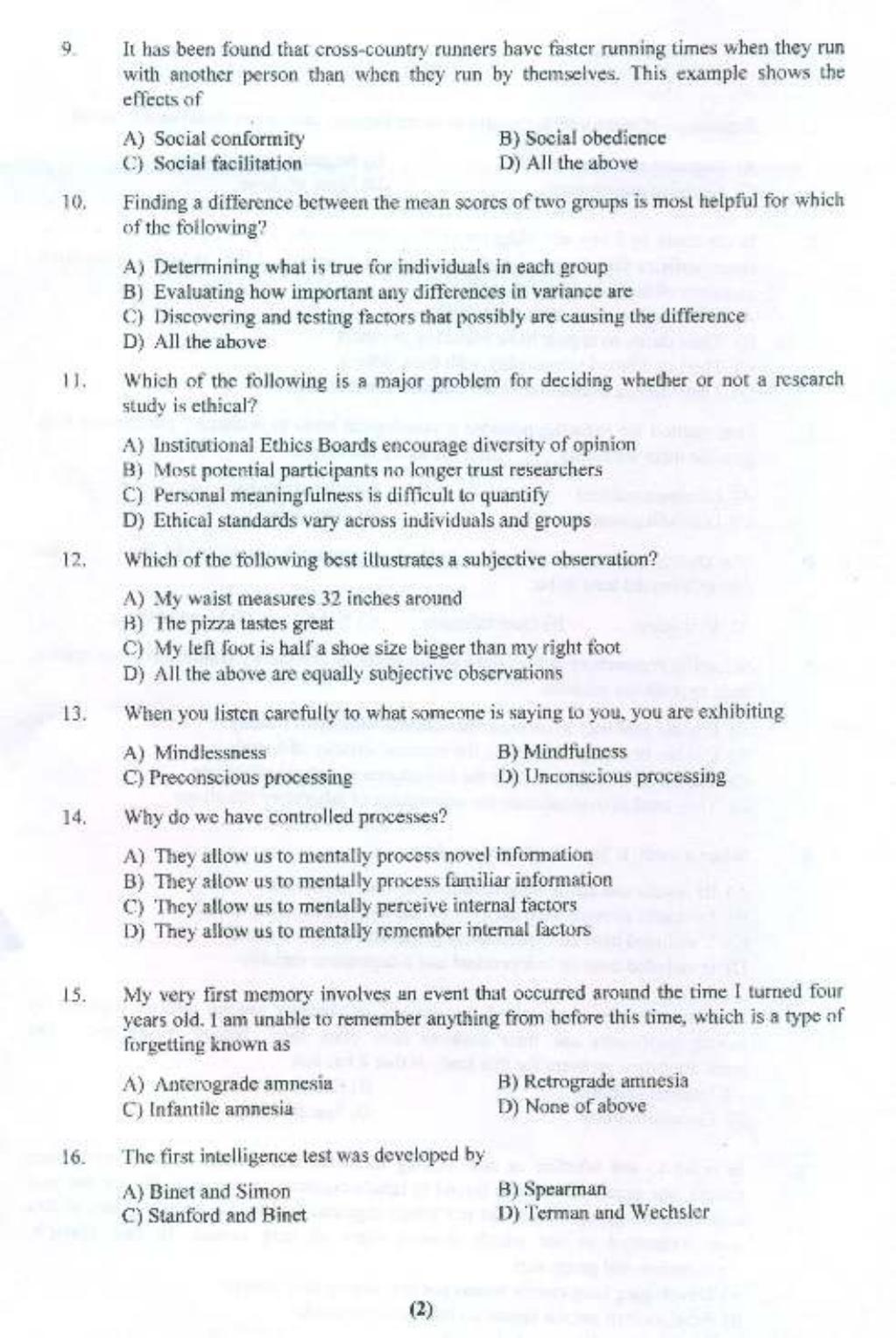 PU MPET Psychology 2015 Question Paper - Page 3