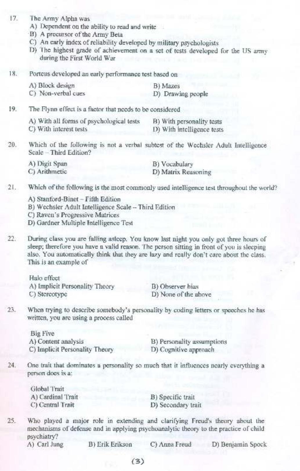 PU MPET Psychology 2015 Question Paper - Page 4