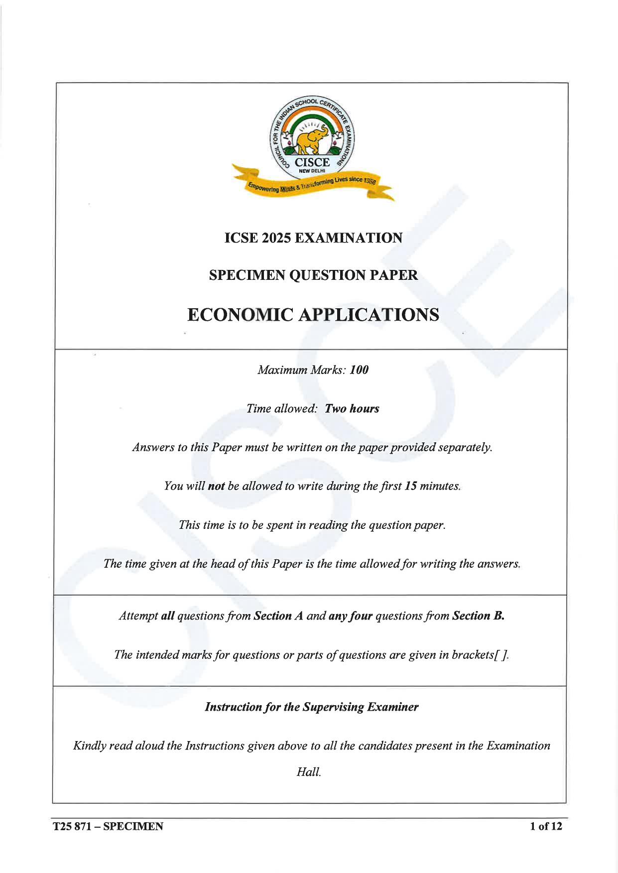 ICSE Class 10 2025 Economic Applications (QP & MS) Specimen Paper - Page 1