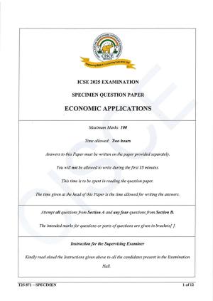 ICSE Class 10 2025 Economic Applications (QP & MS) Specimen Paper