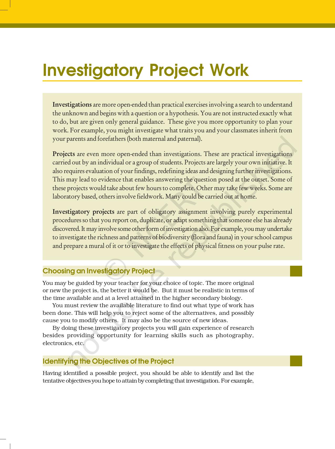 NCERT Laboratory Manuals for Class XII Biology - Investigatory Project Work - Page 1