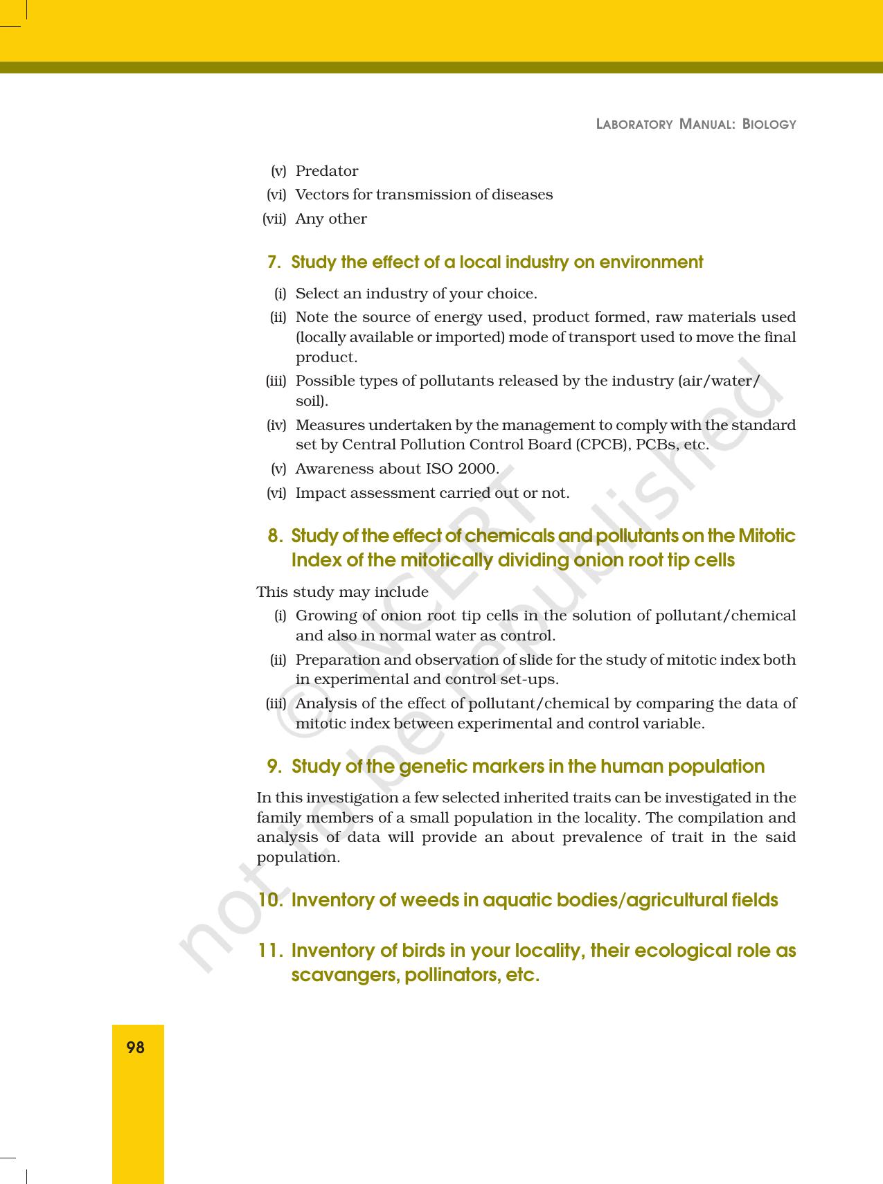 NCERT Laboratory Manuals for Class XII Biology - Investigatory Project Work - Page 7