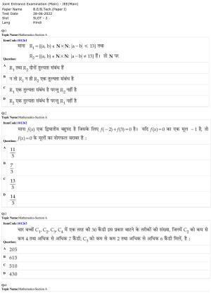 JEE Mains 2022: BTech Hindi (Shift 2) 28-06-2022 Question Paper