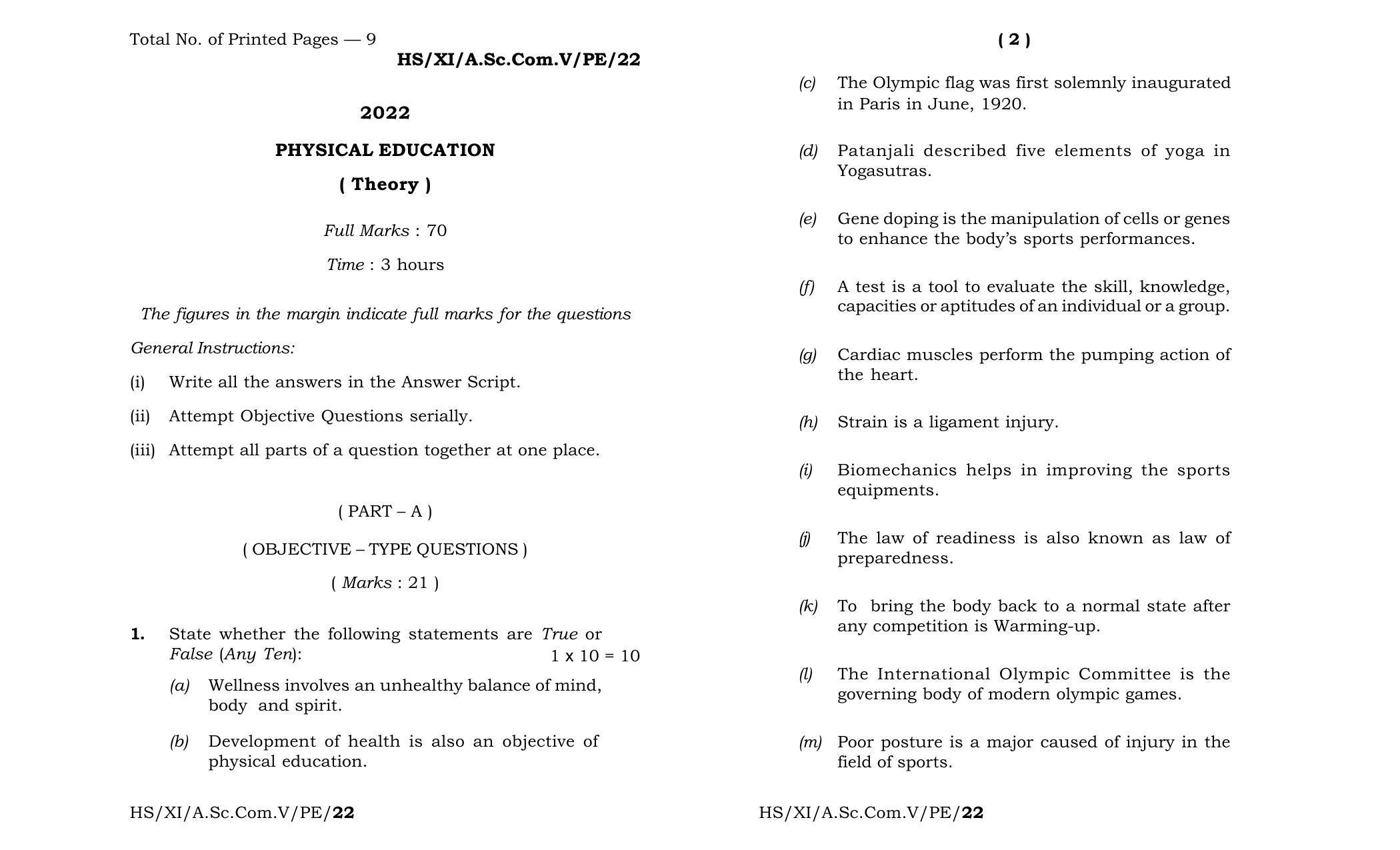 Meghalaya Board (MBOSE) Class 11 Physical Education (theory) 2022 Question Paper - Page 1