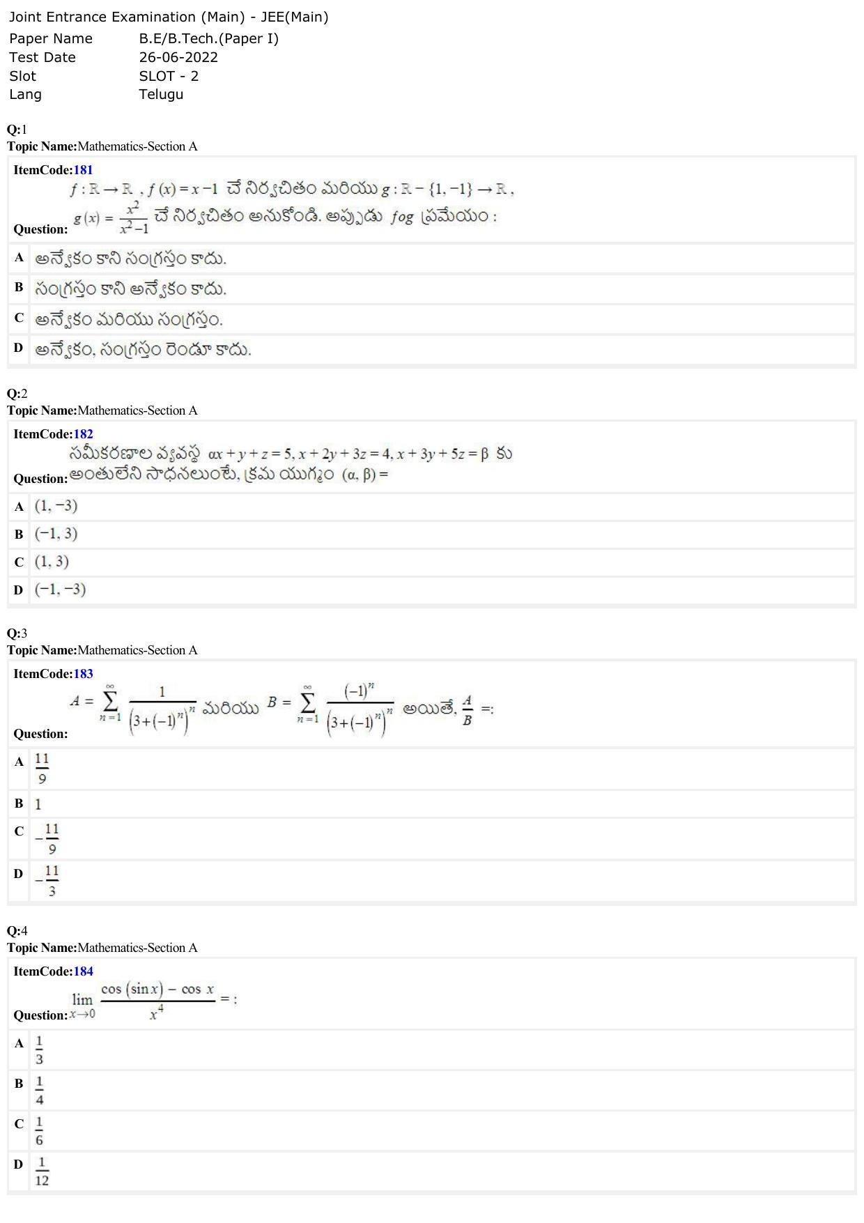 JEE Mains 2022: BTech Telugu (Shift 2) 26-06-2022 Question Paper - Page 1