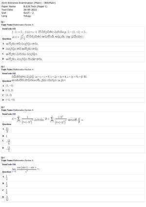 JEE Mains 2022: BTech Telugu (Shift 2) 26-06-2022 Question Paper