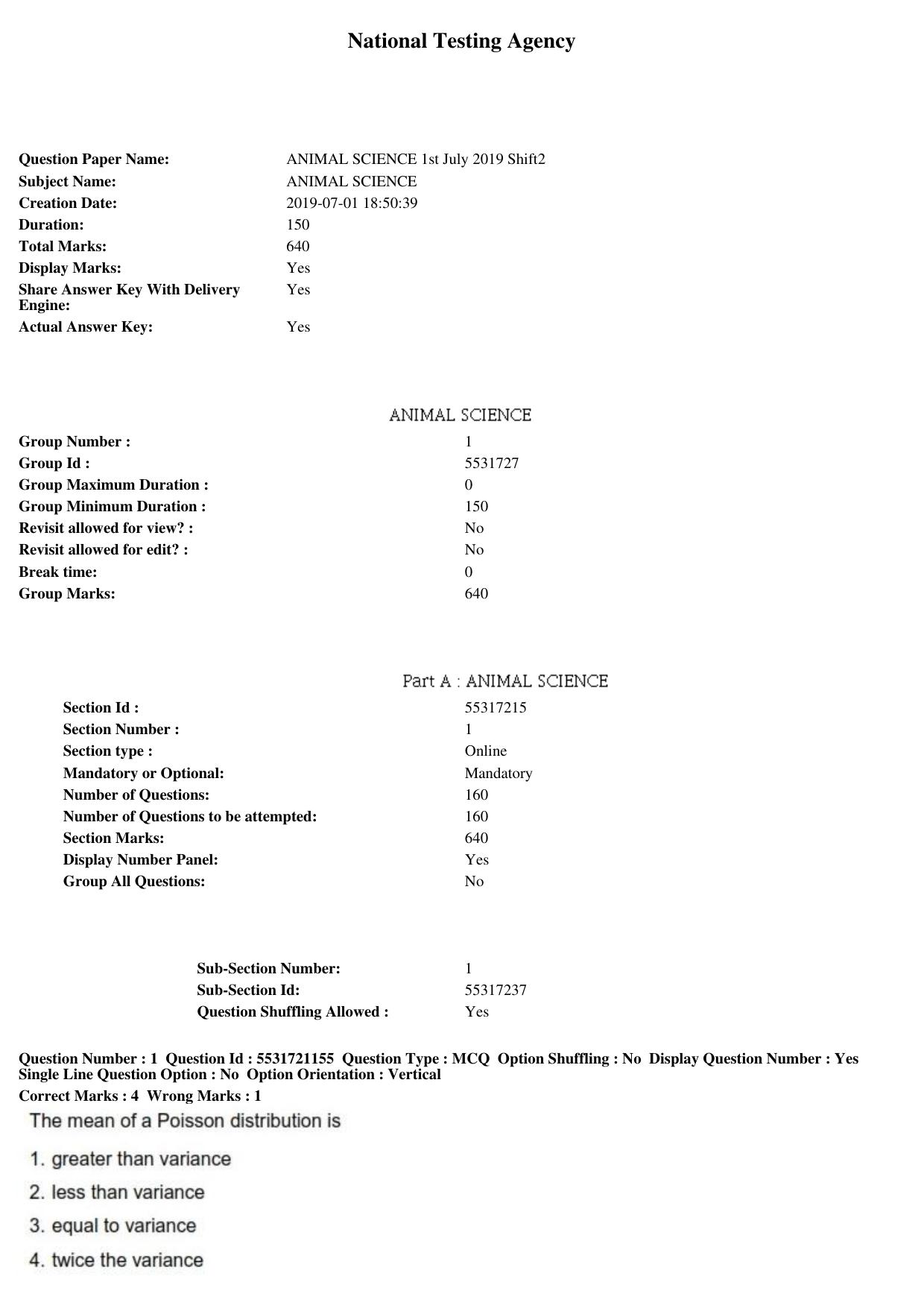 ICAR AIEEA PG 2019 ANIMAL SCIENCE Question Paper - Page 1